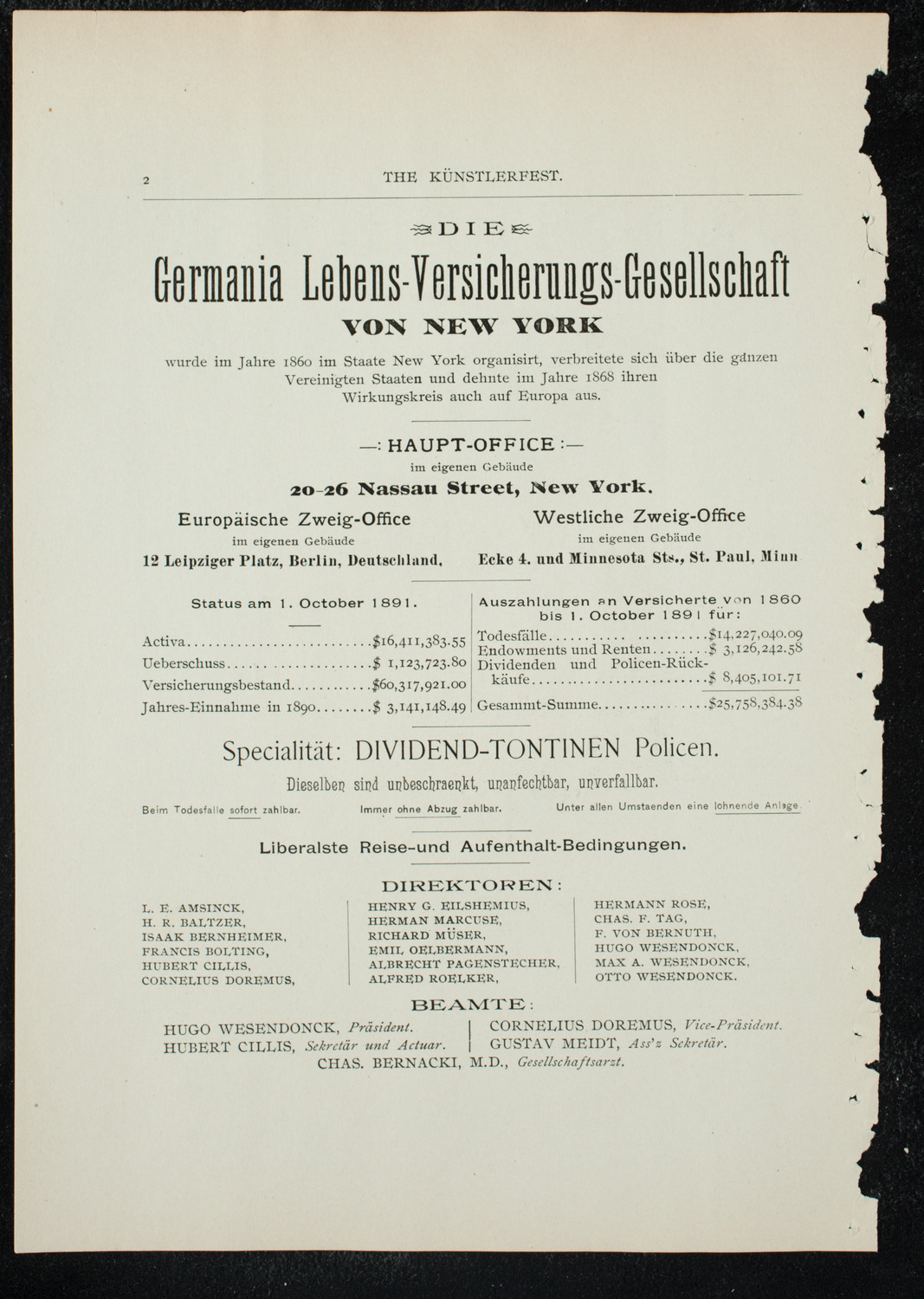 Künstlerfest, December 3, 1891, program page 4