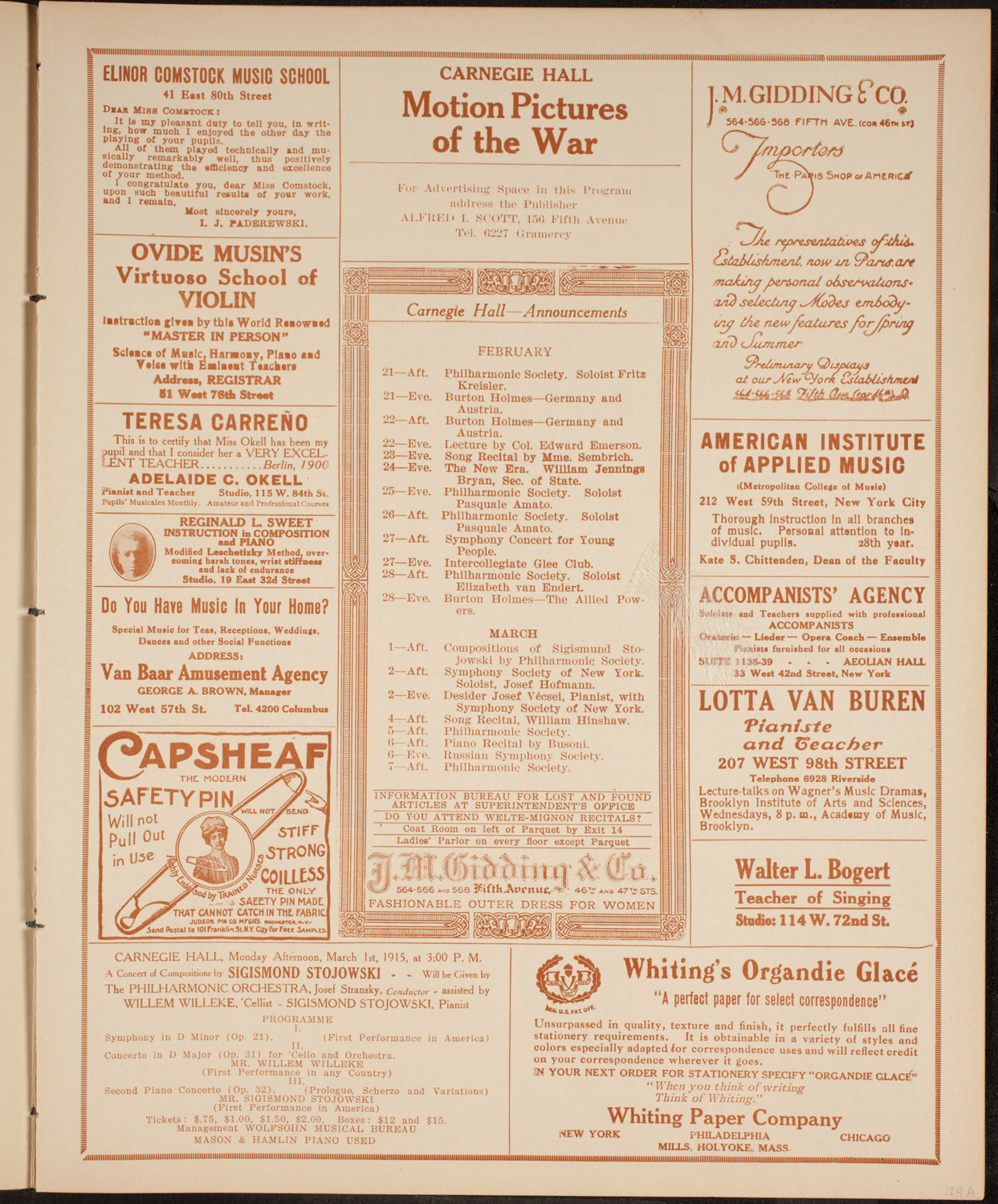 People's Symphony Concert, February 20, 1915, program page 3