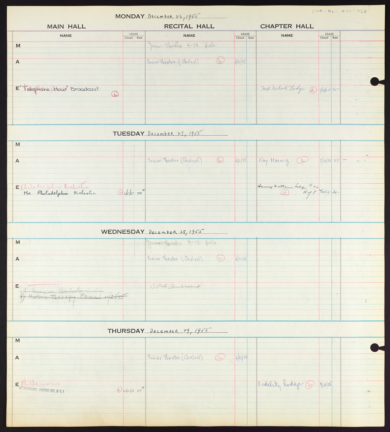 Carnegie Hall Booking Ledger, volume 1, page 28