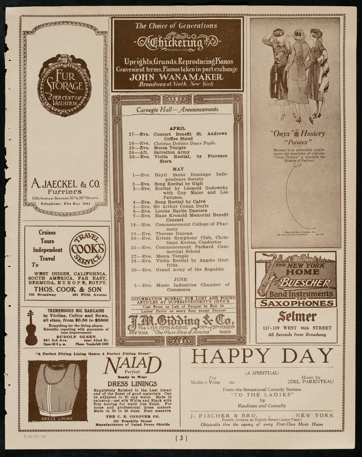 New York Philharmonic, April 26, 1922, program page 3