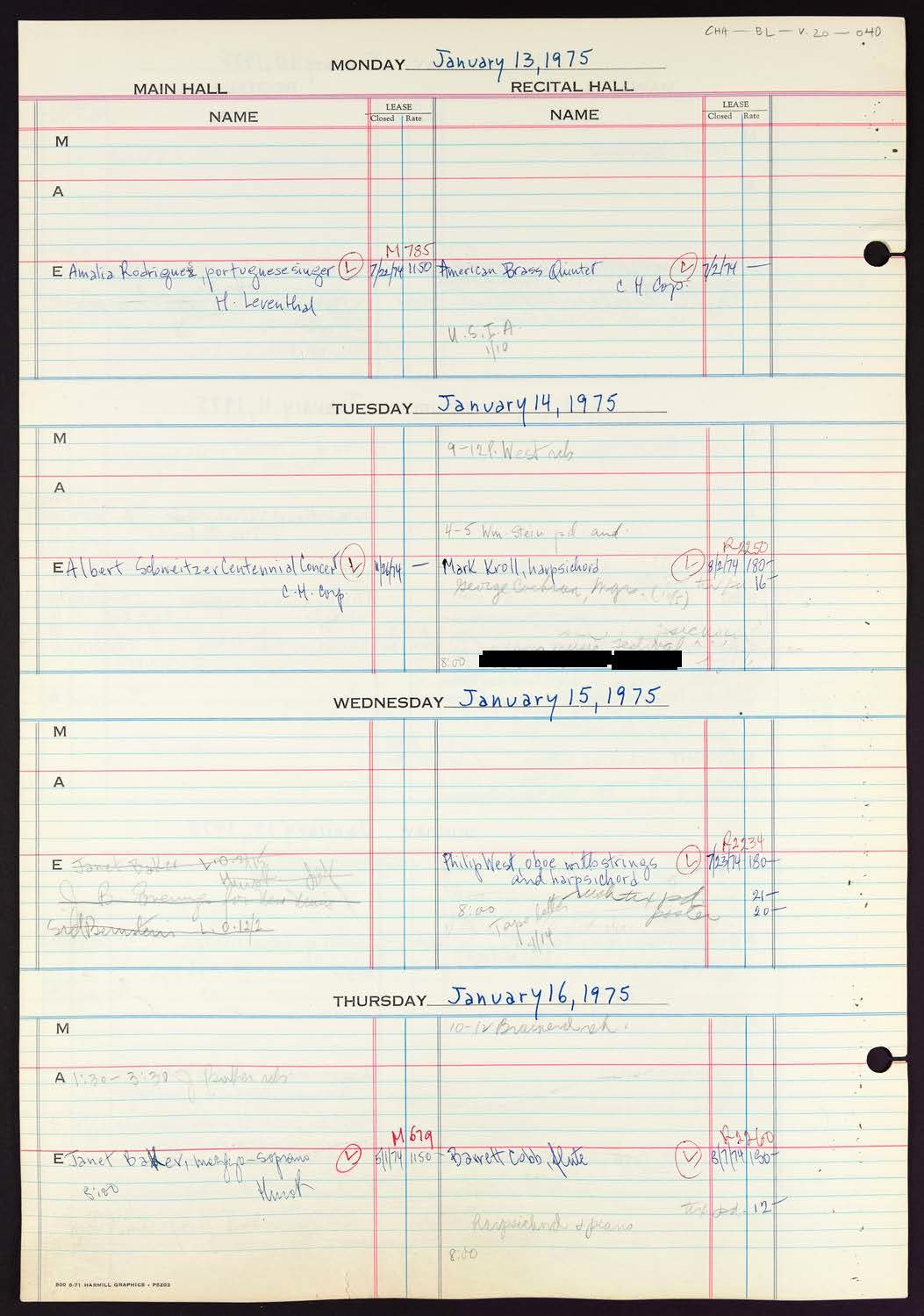 Carnegie Hall Booking Ledger, volume 20, page 40