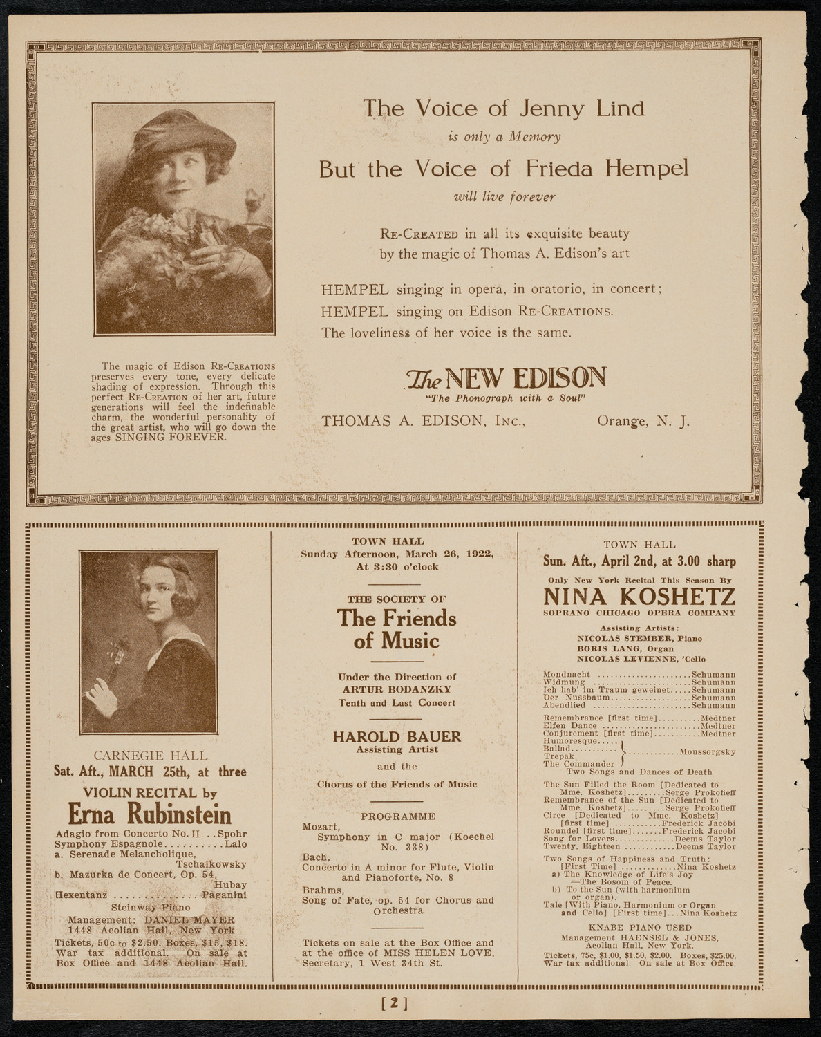 New York Philharmonic, March 23, 1922, program page 2
