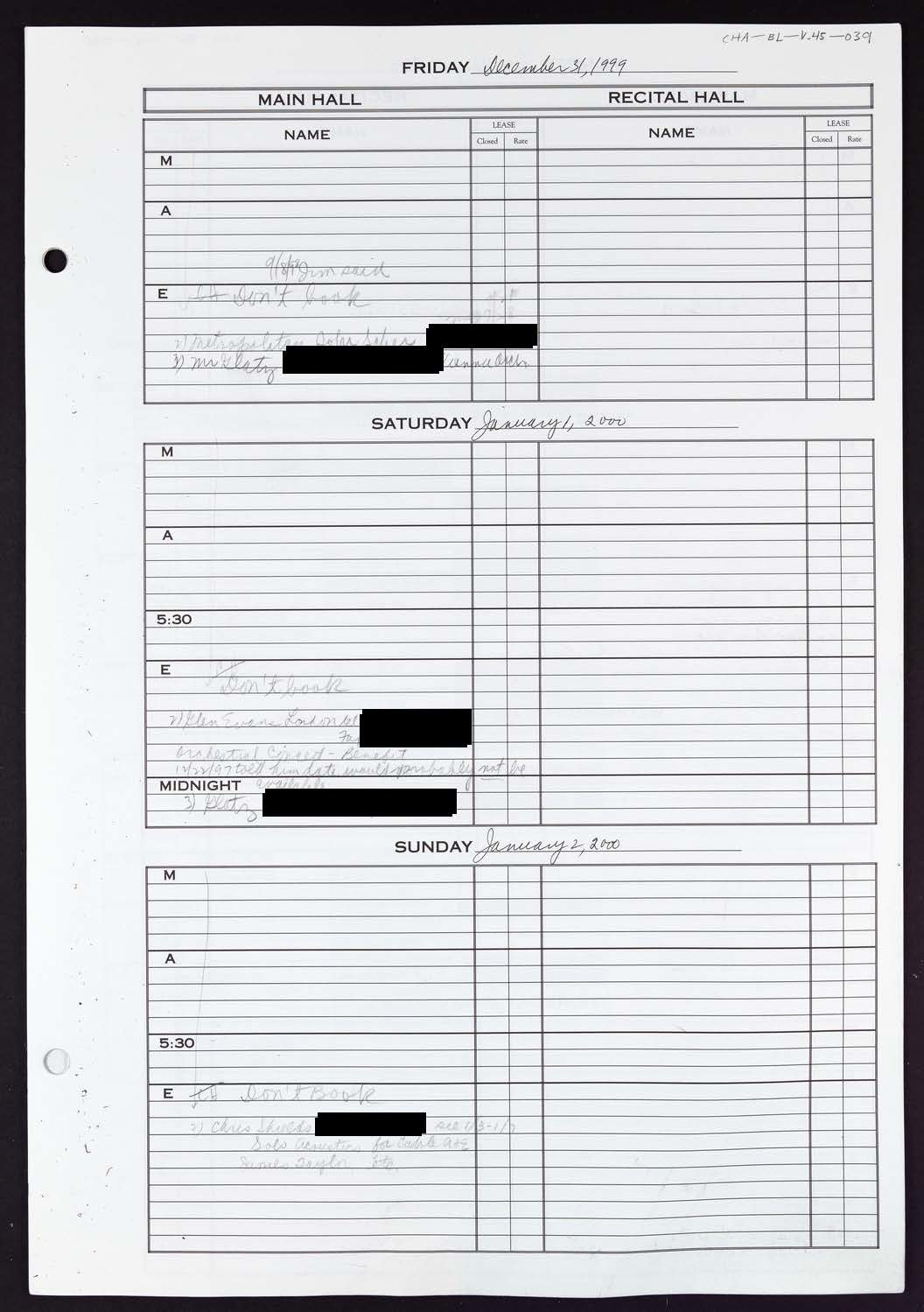 Carnegie Hall Booking Ledger, volume 45, page 39