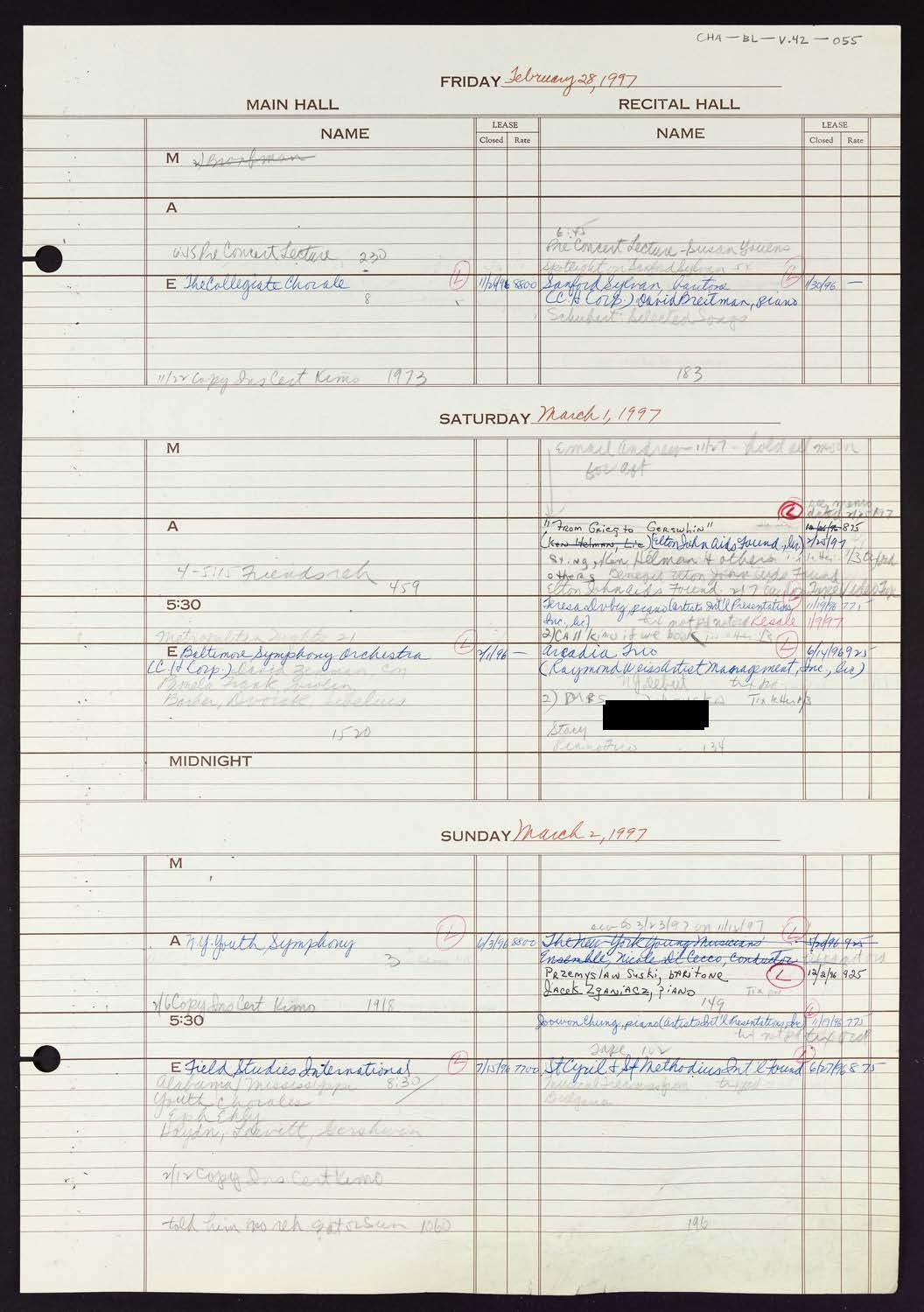 Carnegie Hall Booking Ledger, volume 42, page 55