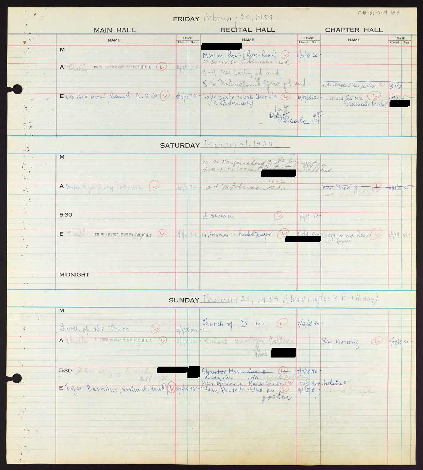 Carnegie Hall Booking Ledger, volume 4, page 43