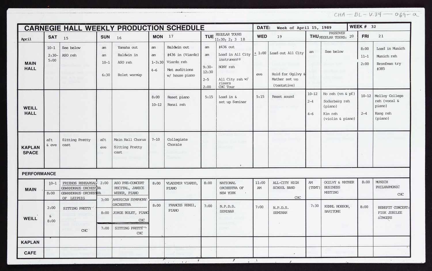 Carnegie Hall Booking Ledger, volume 34, page 69a