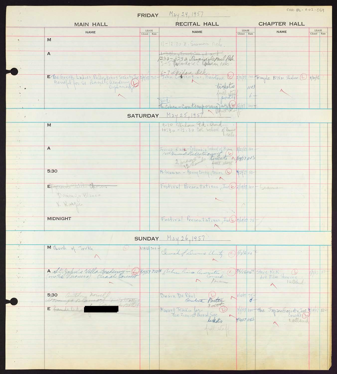 Carnegie Hall Booking Ledger, volume 2, page 69