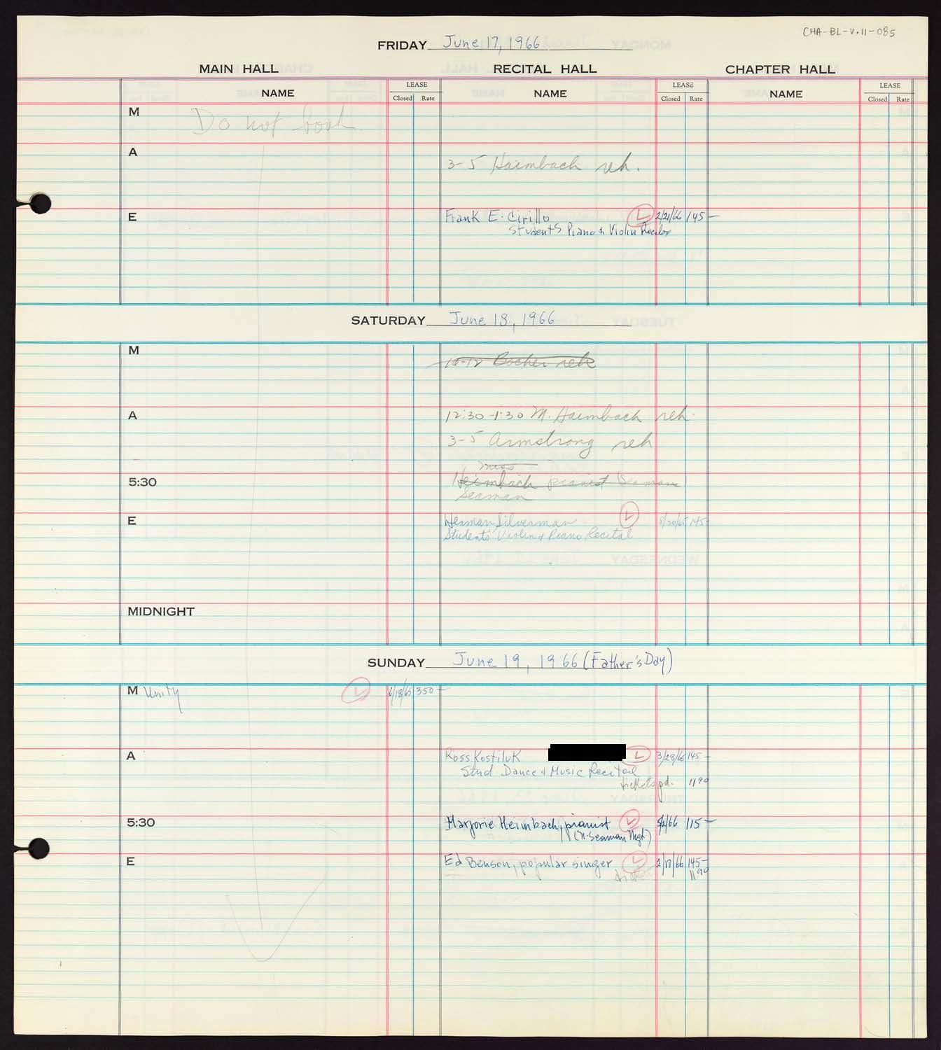 Carnegie Hall Booking Ledger, volume 11, page 85