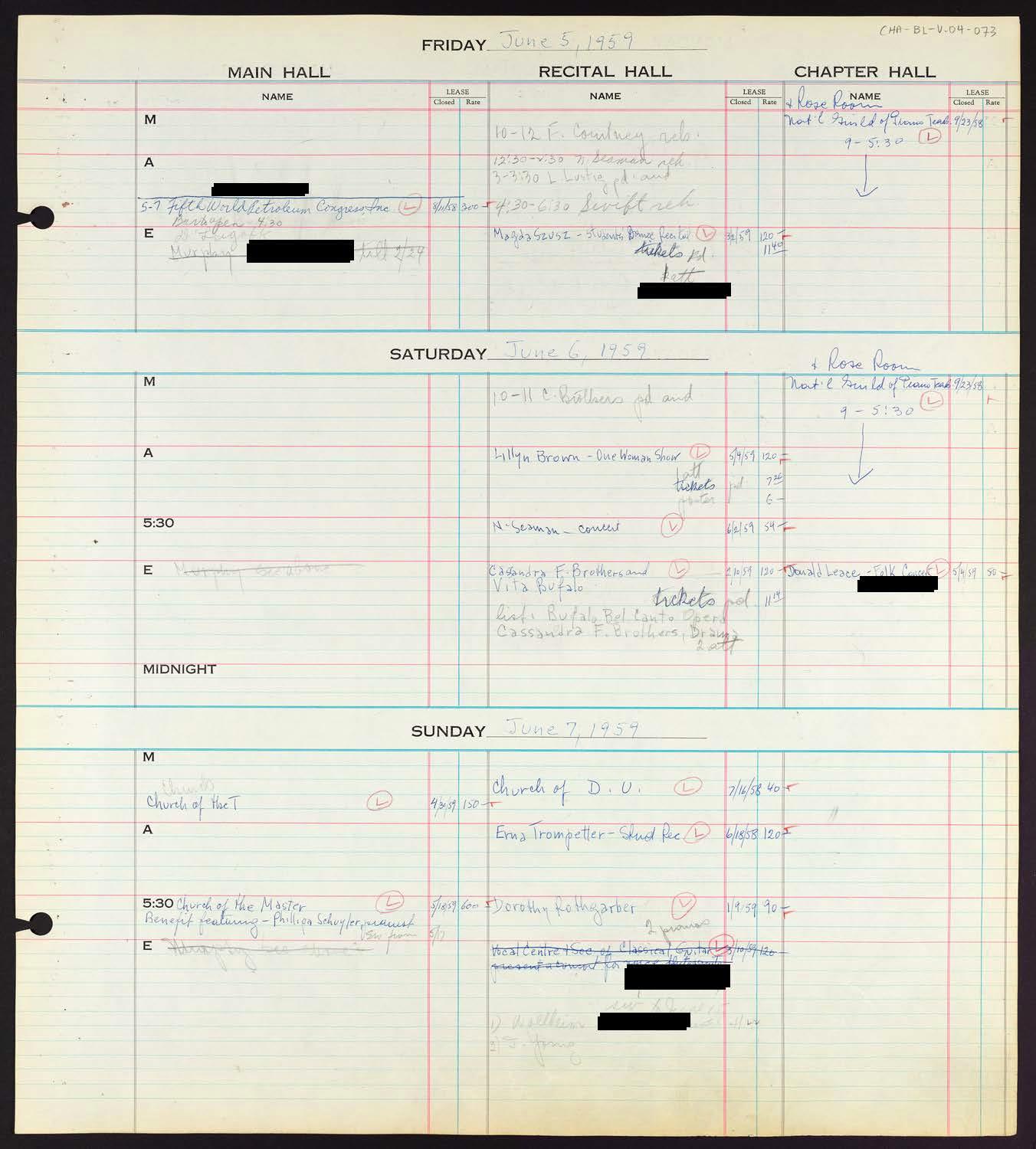 Carnegie Hall Booking Ledger, volume 4, page 73