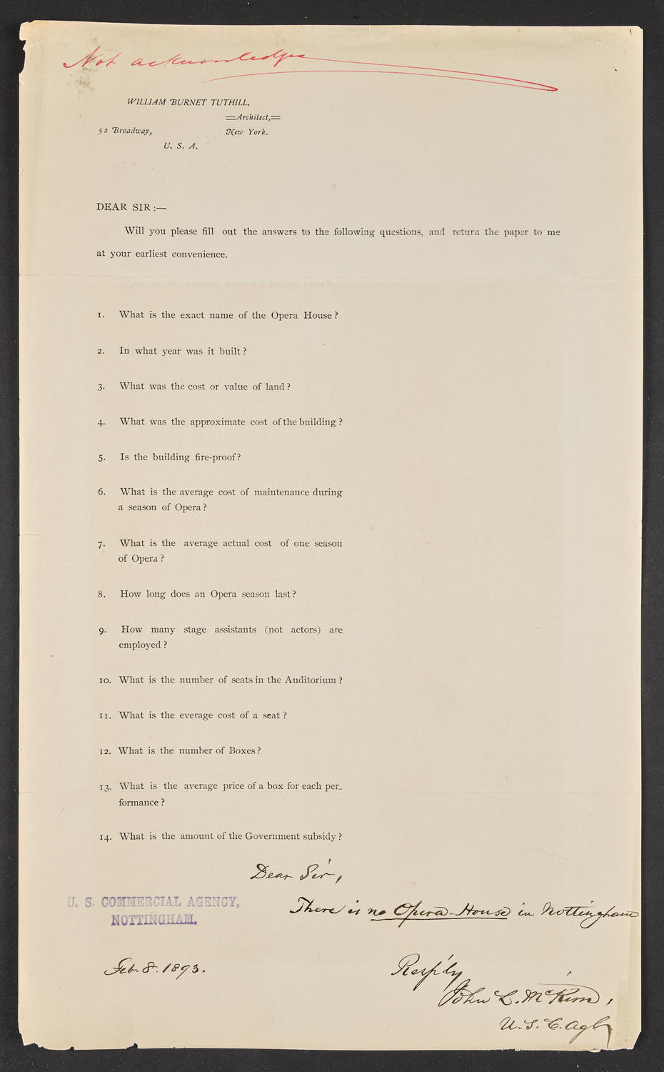 Questionnaire to Nottingham, February 8, 1893