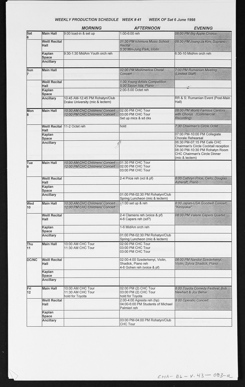 Carnegie Hall Booking Ledger, volume 43, page 83a