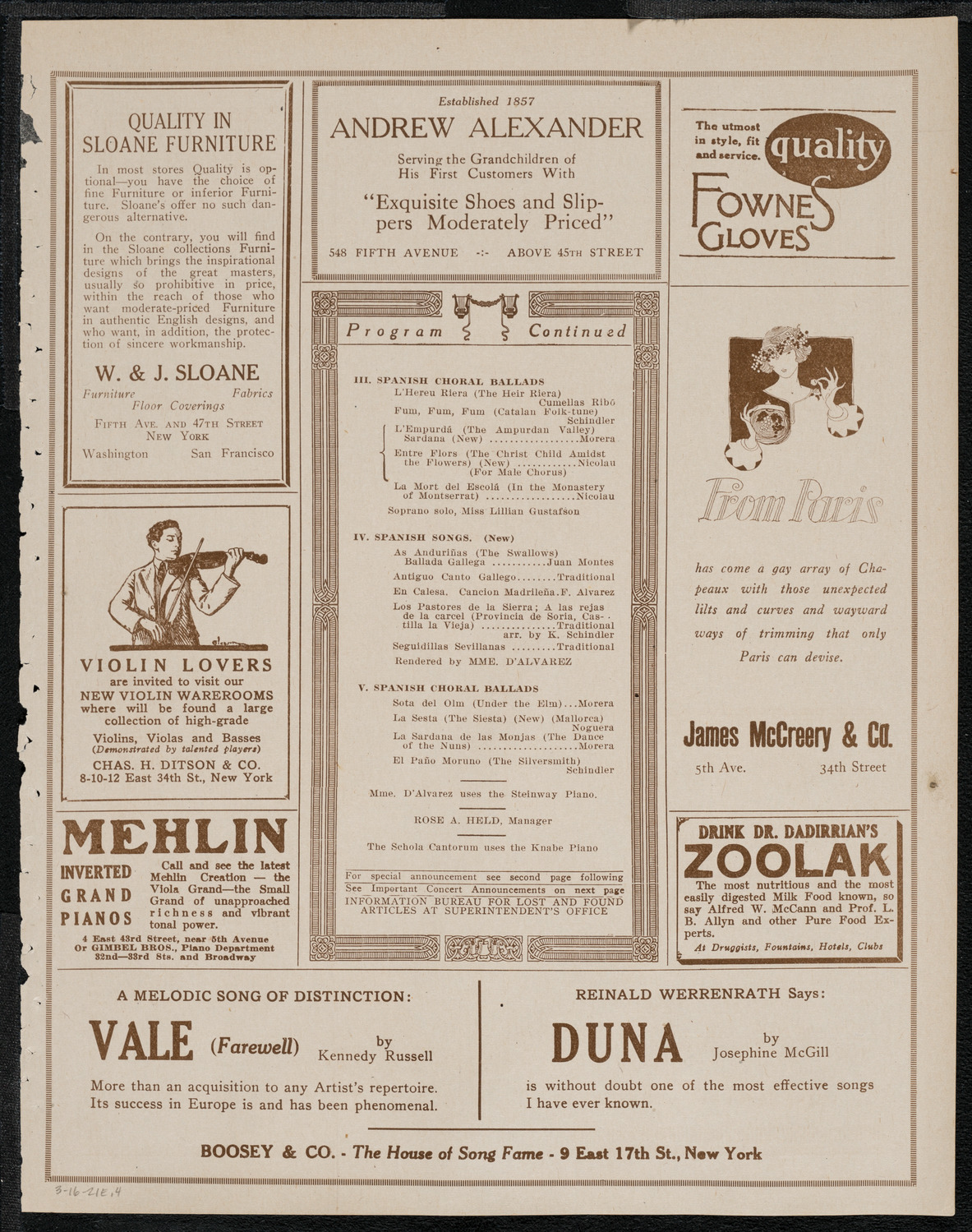 Schola Cantorum of New York, March 16, 1921, program page 7