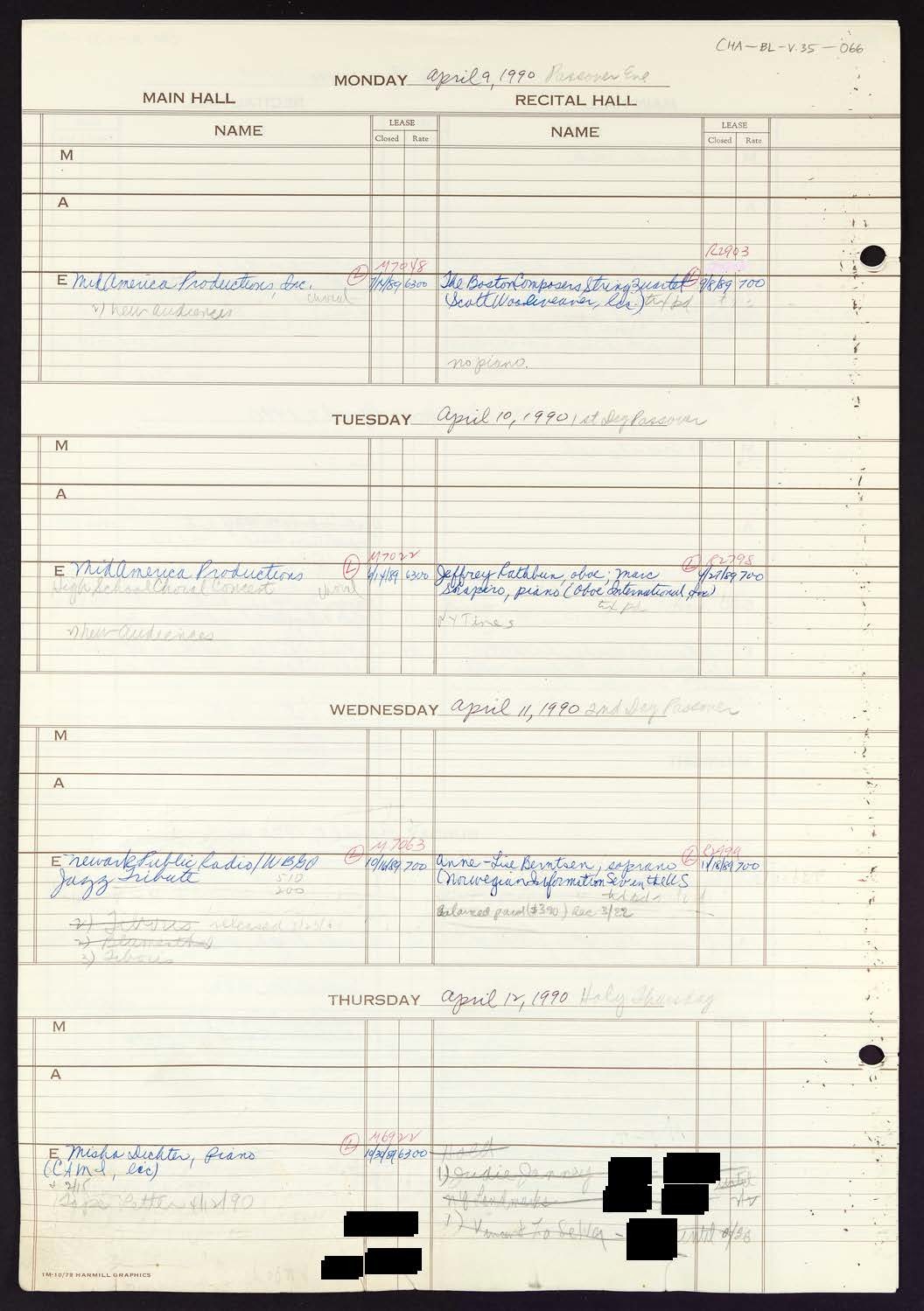 Carnegie Hall Booking Ledger, volume 35, page 66