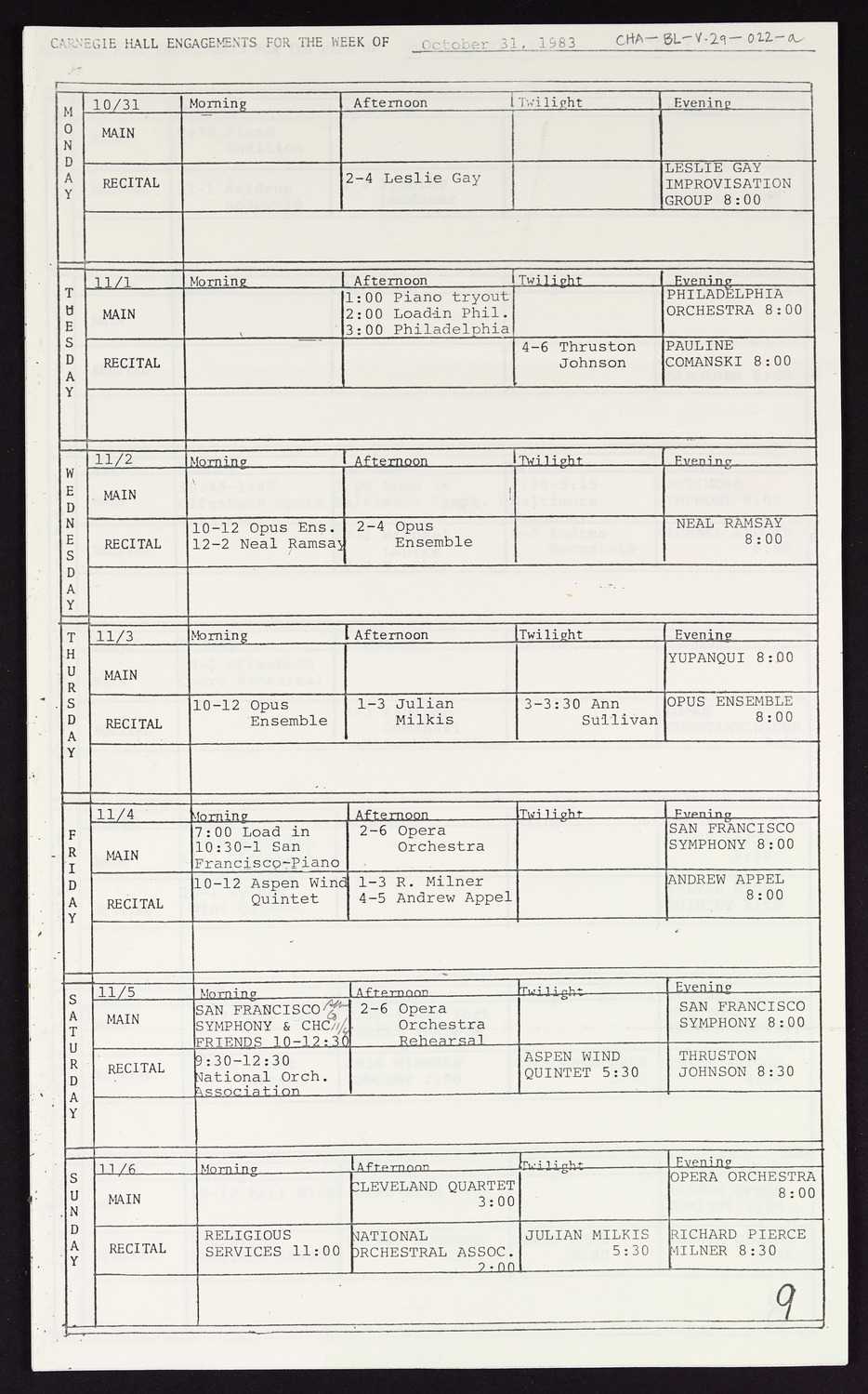 Carnegie Hall Booking Ledger, volume 29, page 22a