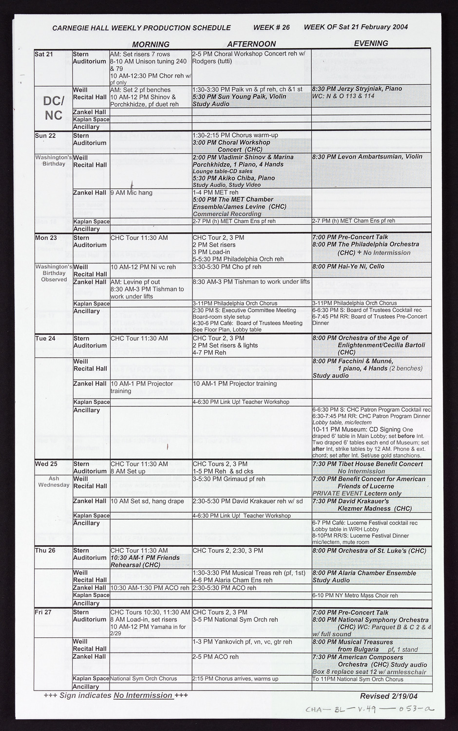 Carnegie Hall Booking Ledger, volume 49, page 53a