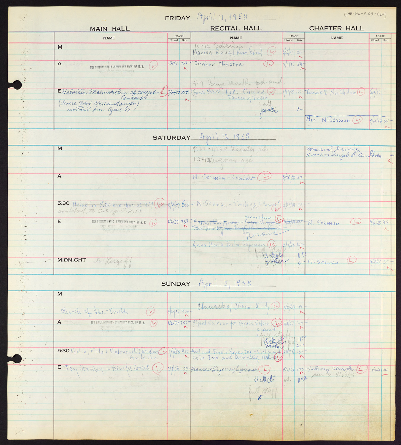 Carnegie Hall Booking Ledger, volume 3, page 59