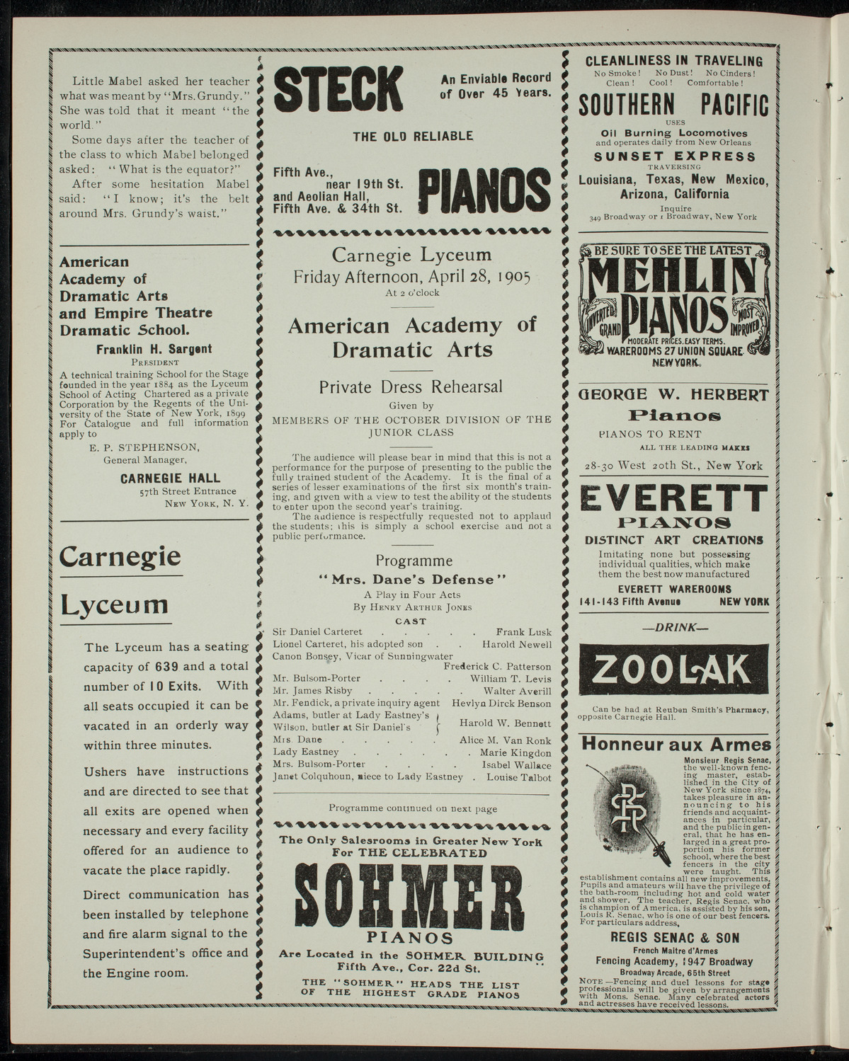 American Academy of Dramatic Arts Private Dress Rehearsal, April 28, 1905, program page 2