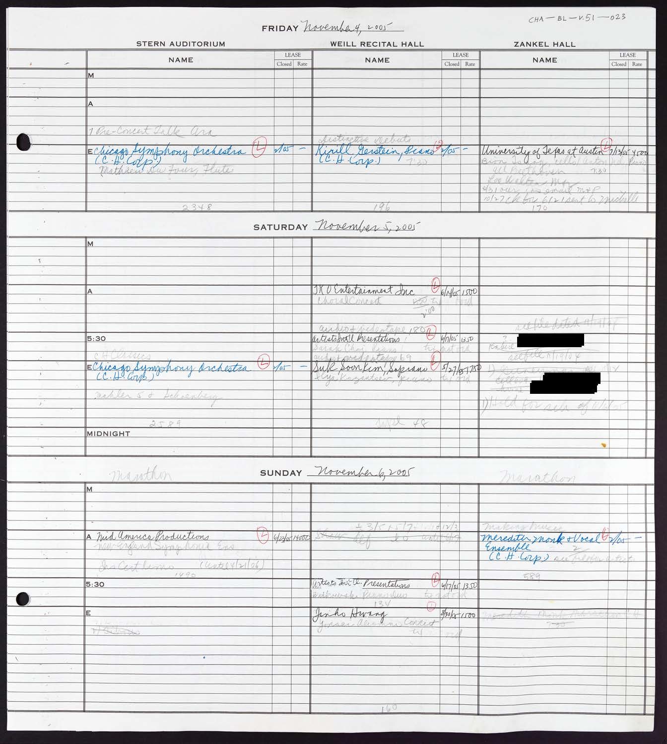 Carnegie Hall Booking Ledger, volume 51, page 23