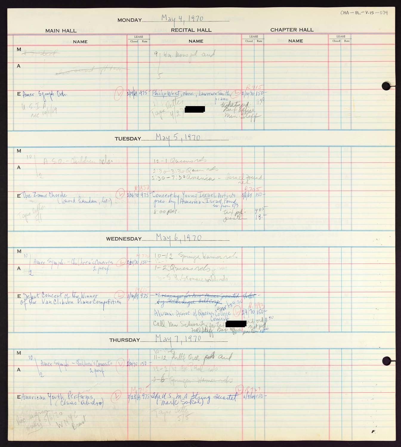 Carnegie Hall Booking Ledger, volume 15, page 74