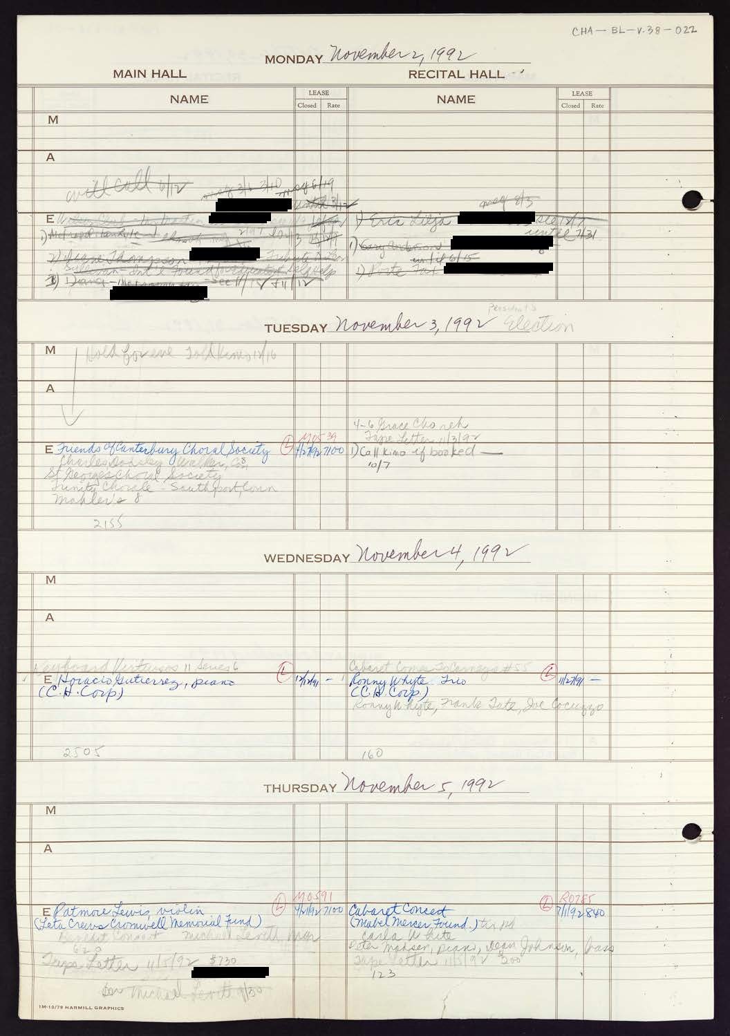 Carnegie Hall Booking Ledger, volume 38, page 22