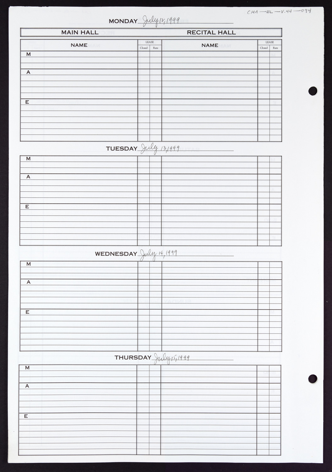 Carnegie Hall Booking Ledger, volume 44, page 94