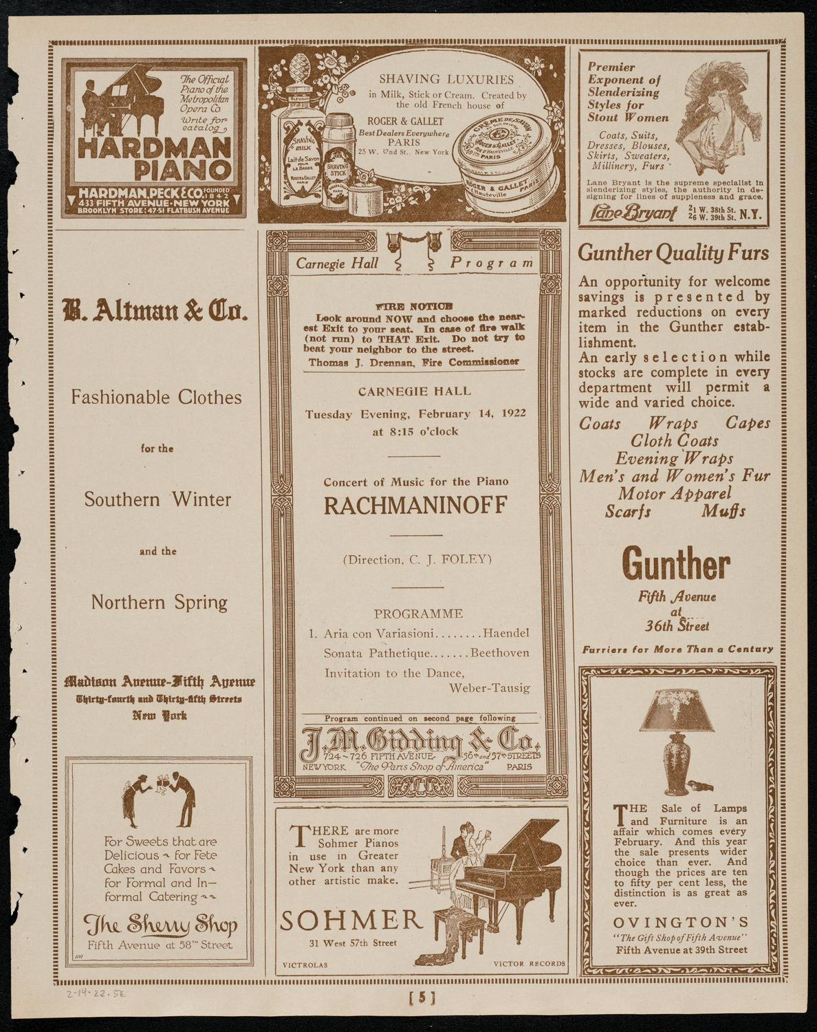 Sergei Rachmaninoff, Piano, February 14, 1922, program page 5