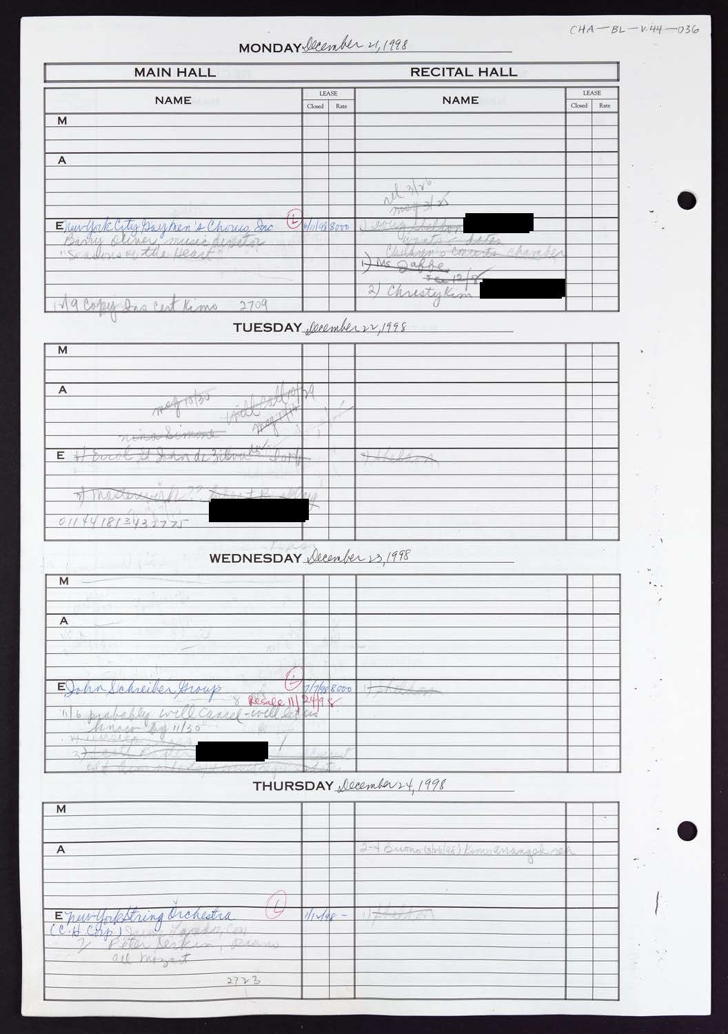 Carnegie Hall Booking Ledger, volume 44, page 36