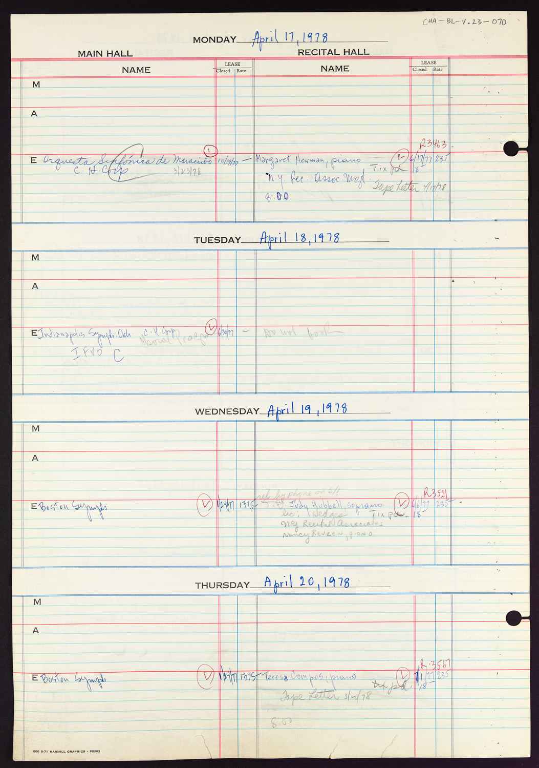 Carnegie Hall Booking Ledger, volume 23, page 70