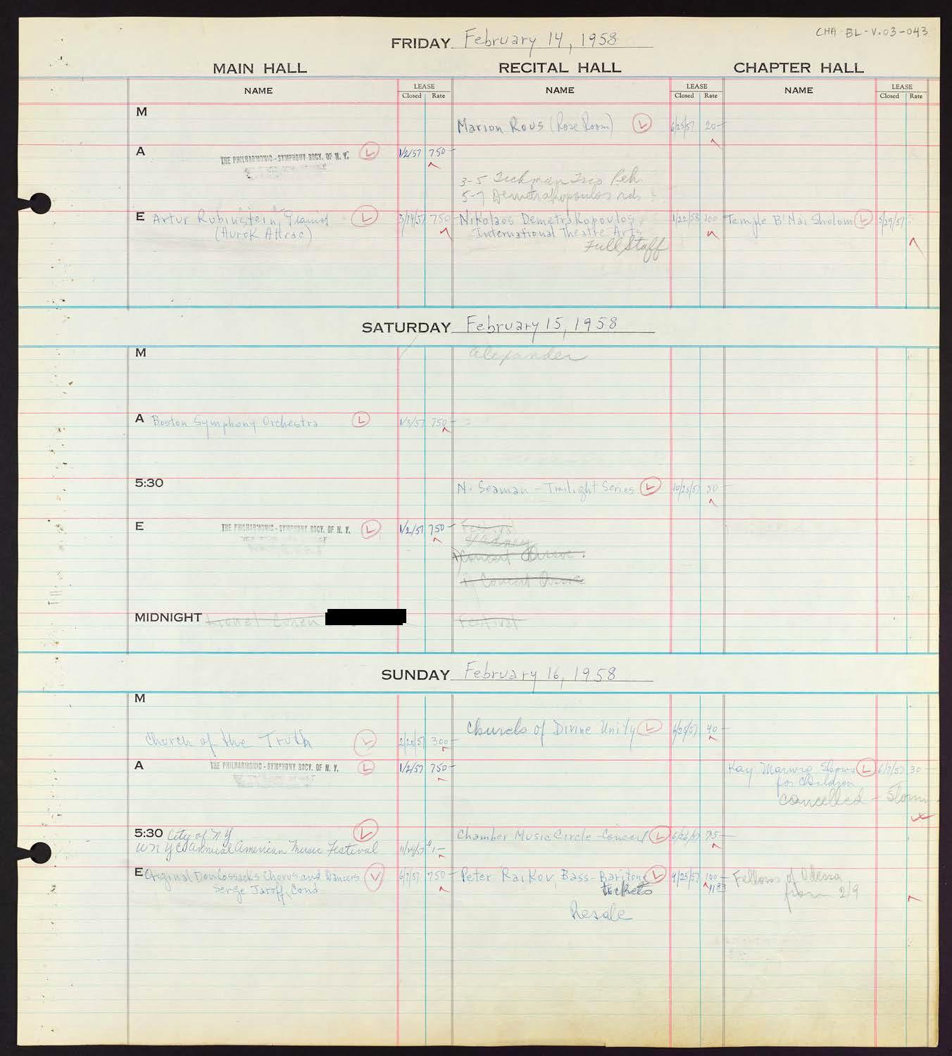 Carnegie Hall Booking Ledger, volume 3, page 43