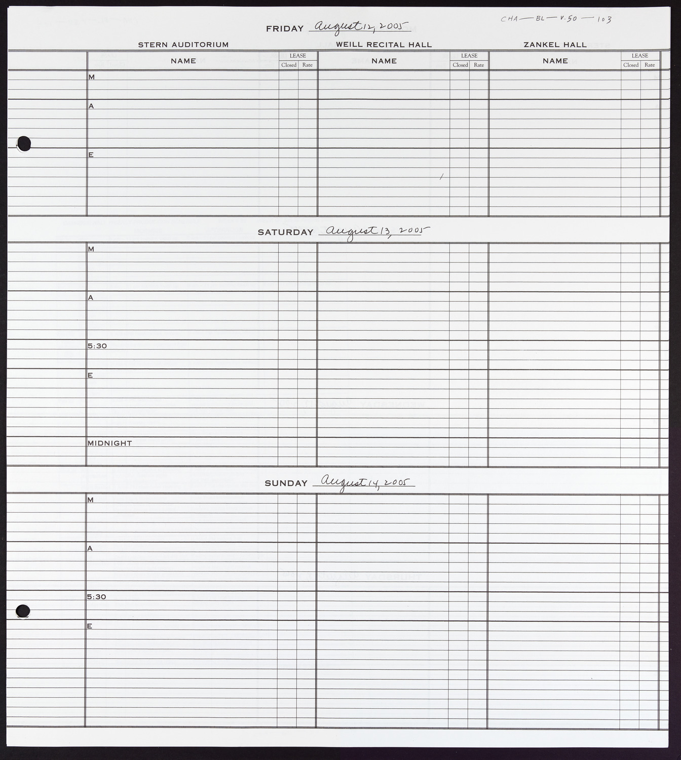 Carnegie Hall Booking Ledger, volume 50, page 103