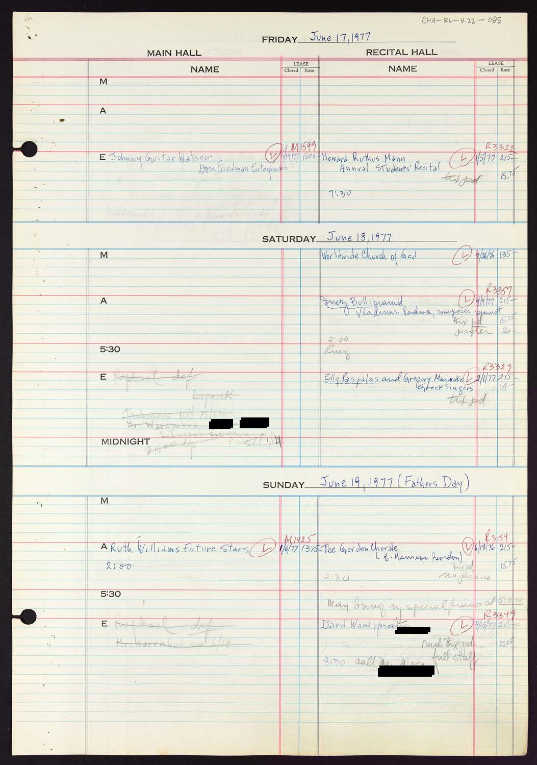 Carnegie Hall Booking Ledger, volume 22, page 85