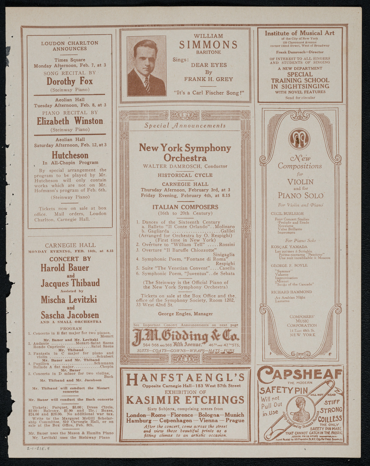 National Symphony Orchestra, February 1, 1921, program page 9