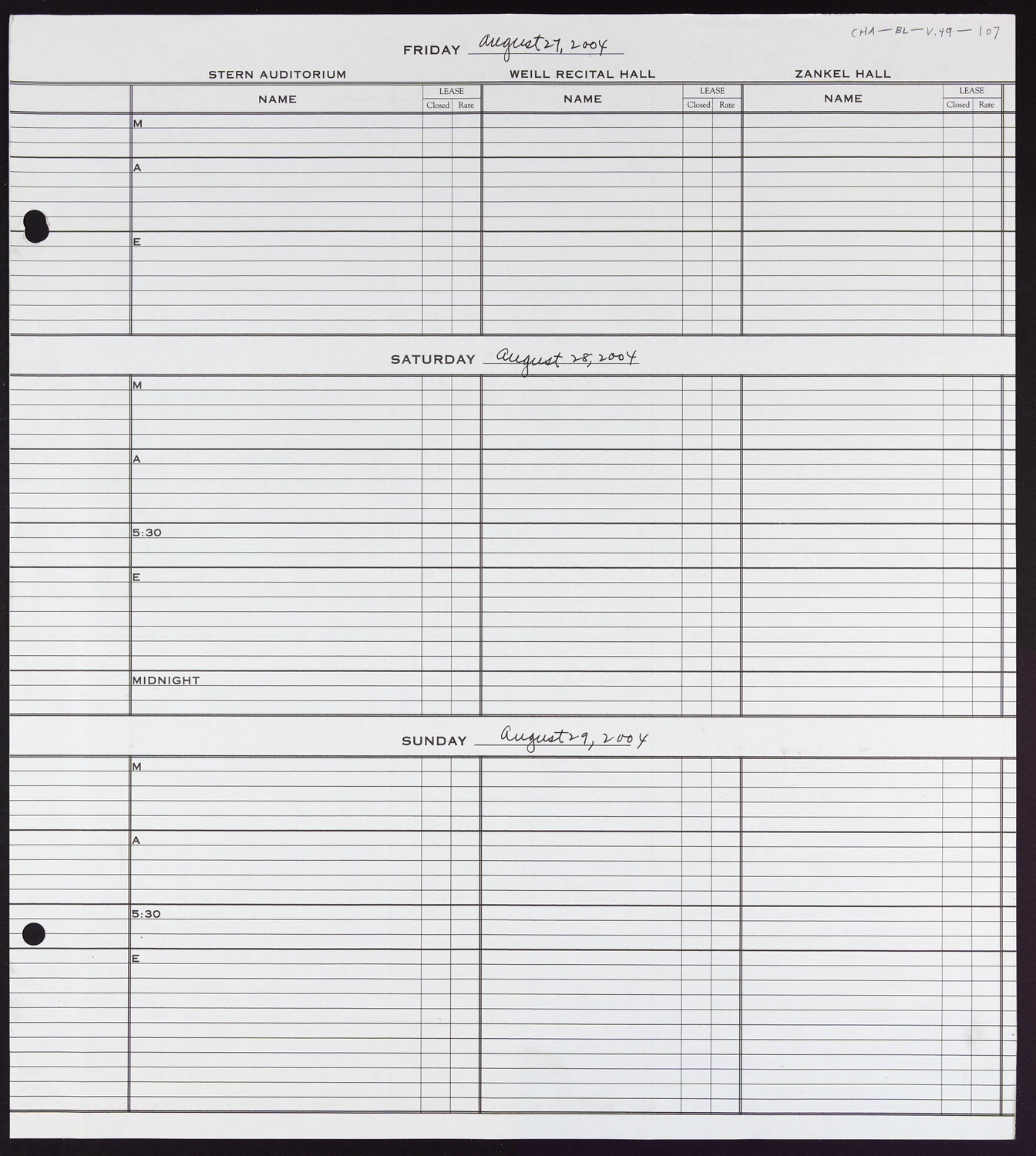 Carnegie Hall Booking Ledger, volume 49, page 107