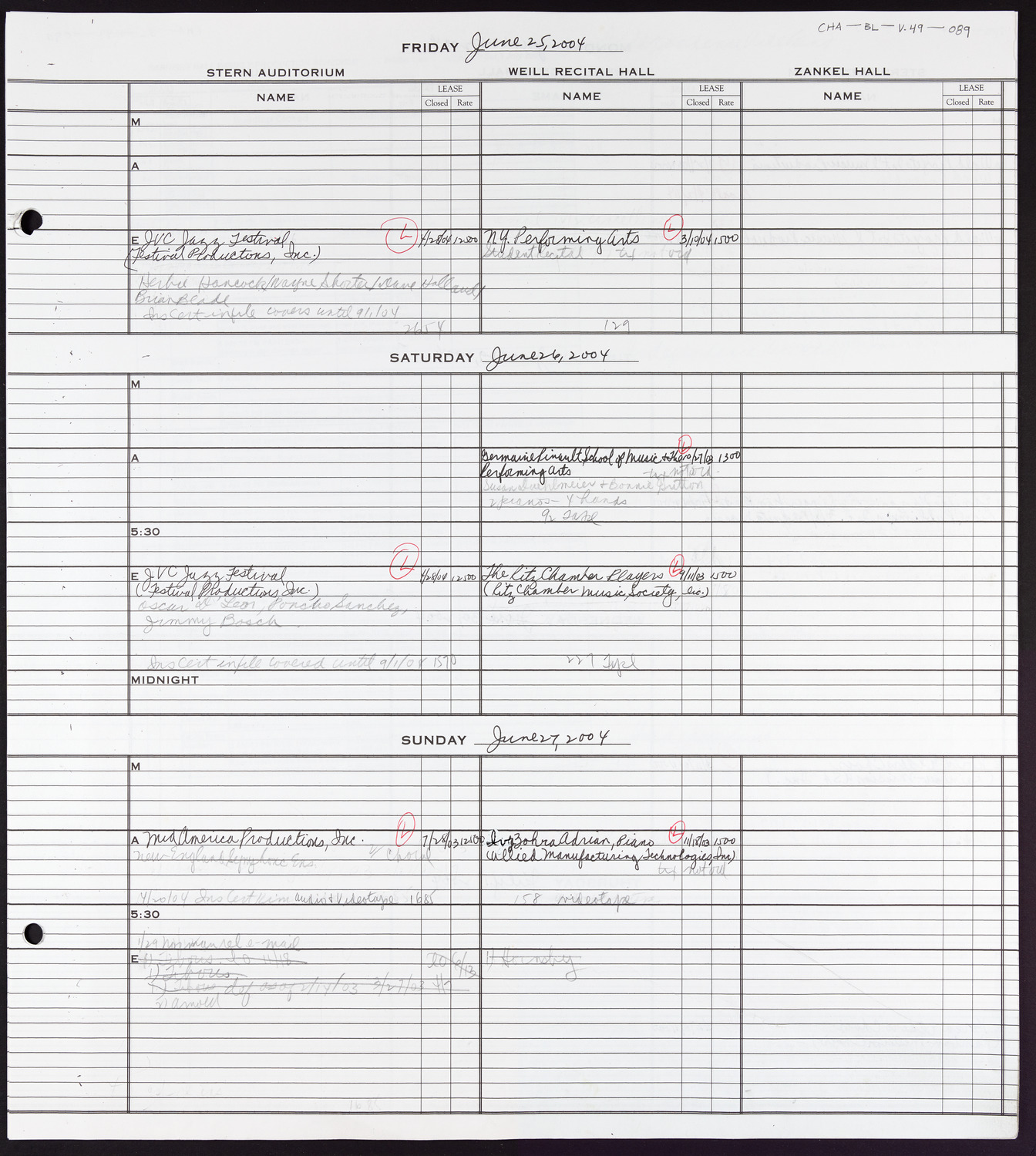 Carnegie Hall Booking Ledger, volume 49, page 89