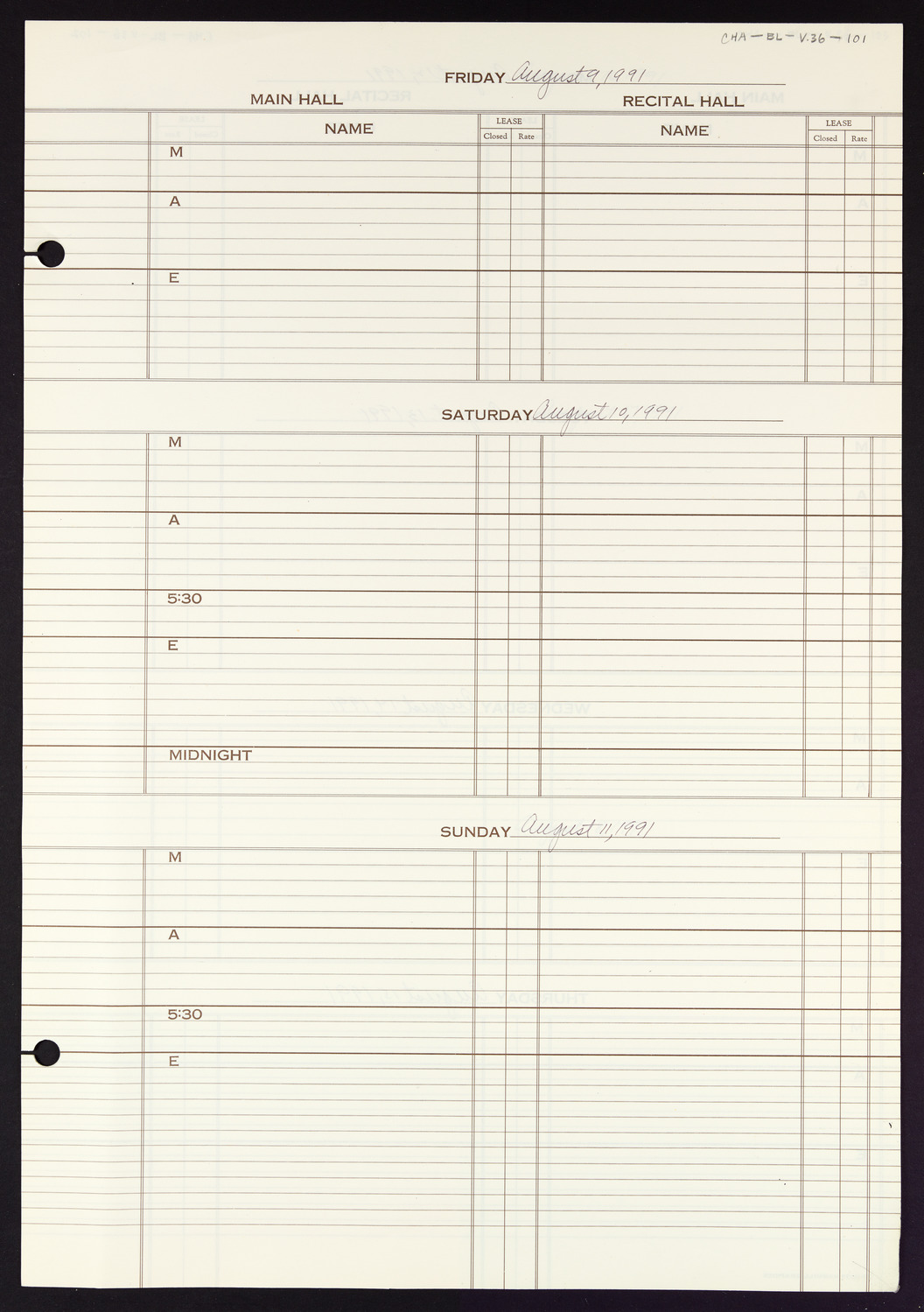 Carnegie Hall Booking Ledger, volume 36, page 101