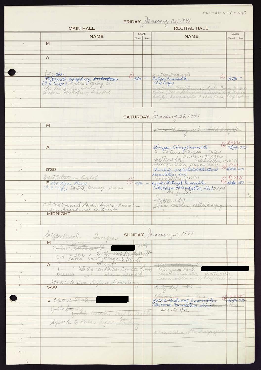 Carnegie Hall Booking Ledger, volume 36, page 45