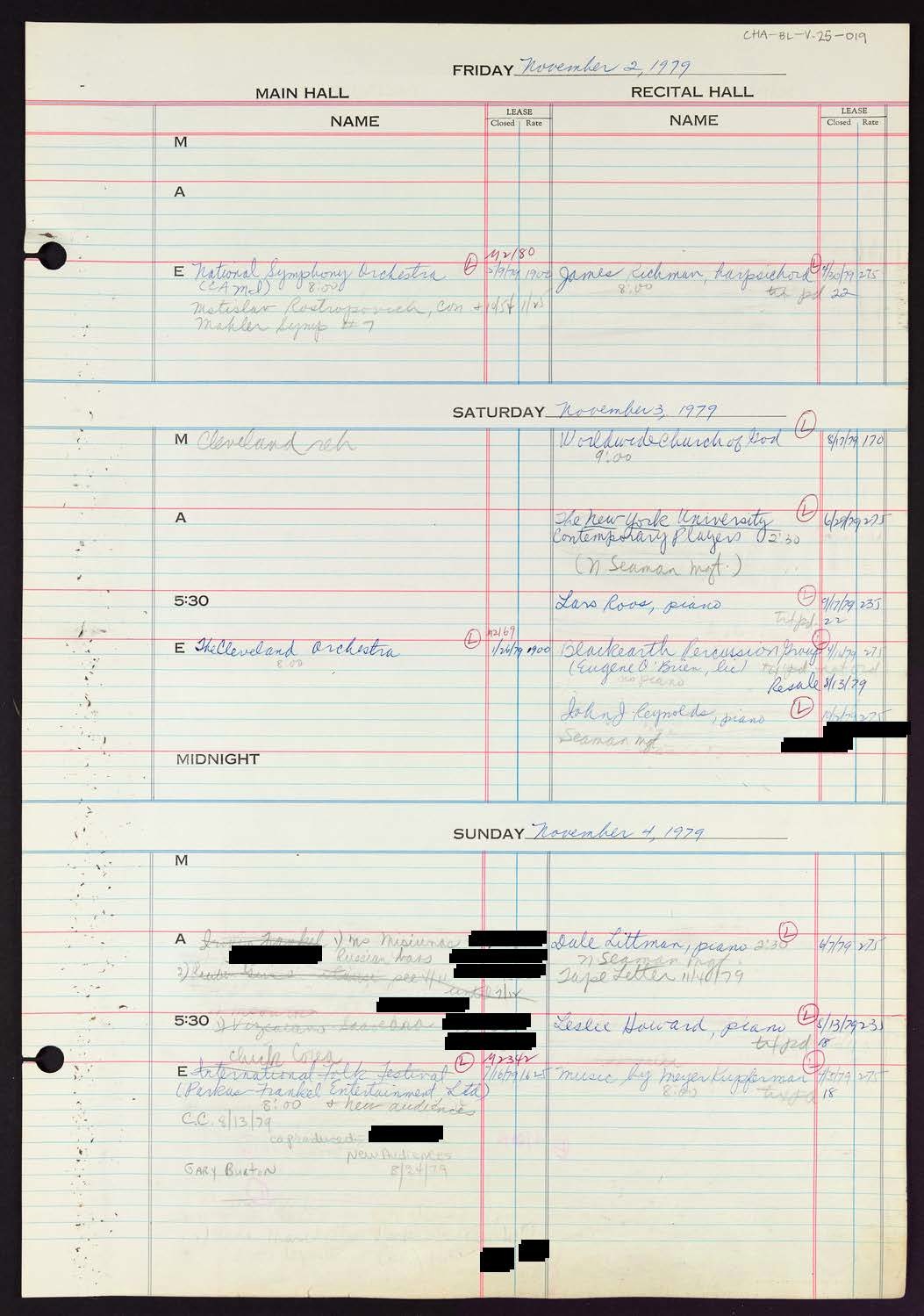 Carnegie Hall Booking Ledger, volume 25, page 19