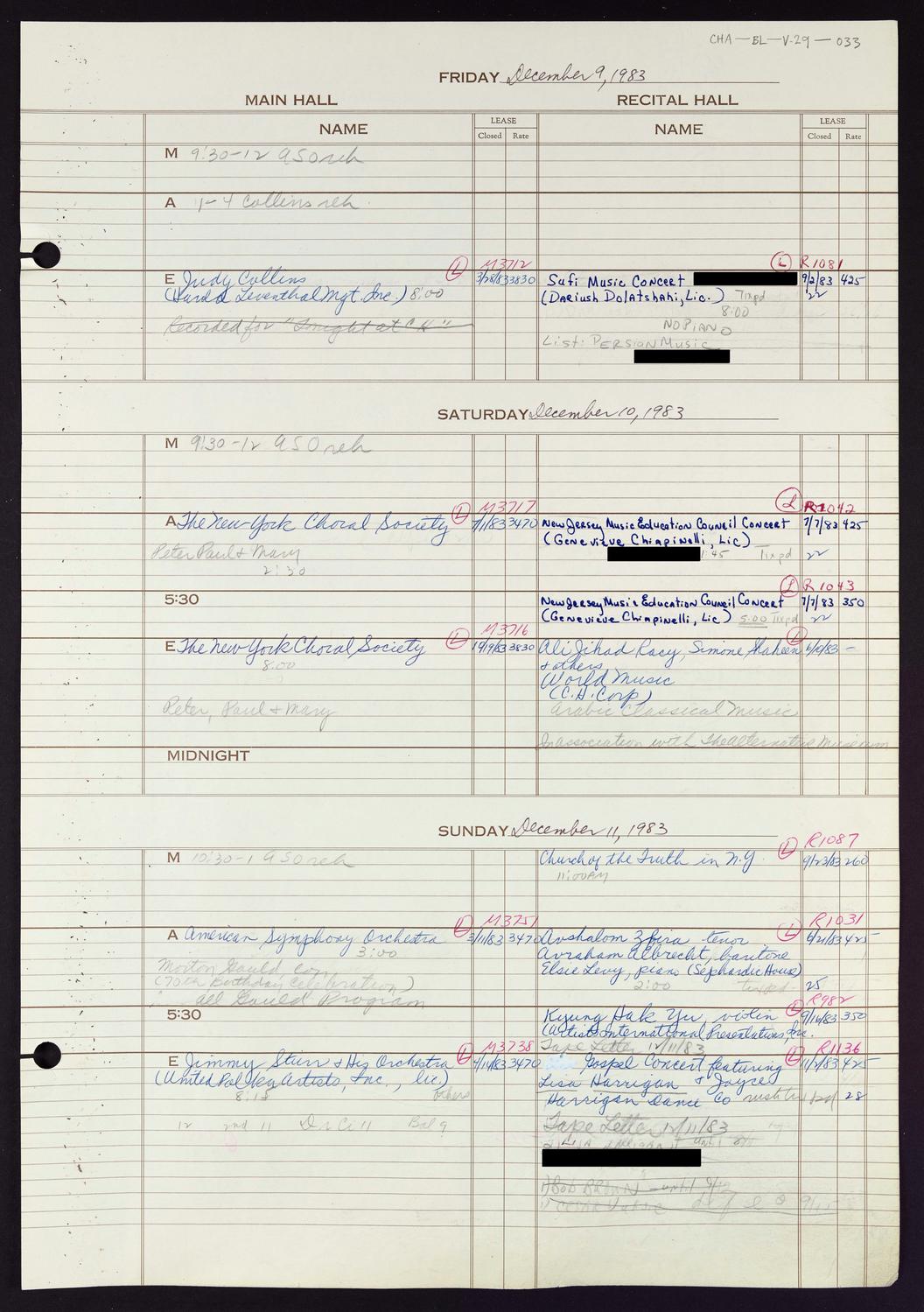 Carnegie Hall Booking Ledger, volume 29, page 33