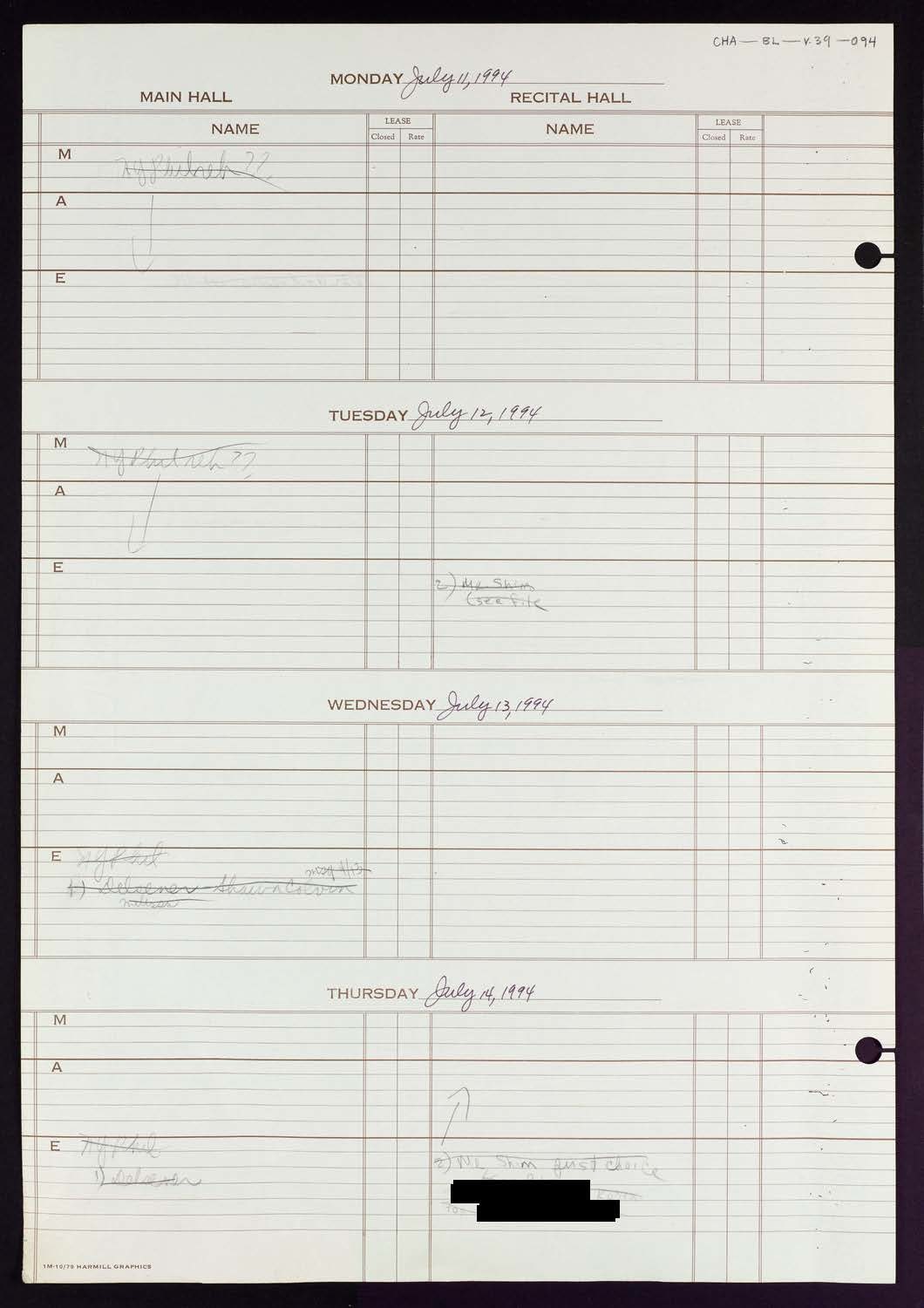 Carnegie Hall Booking Ledger, volume 39, page 94