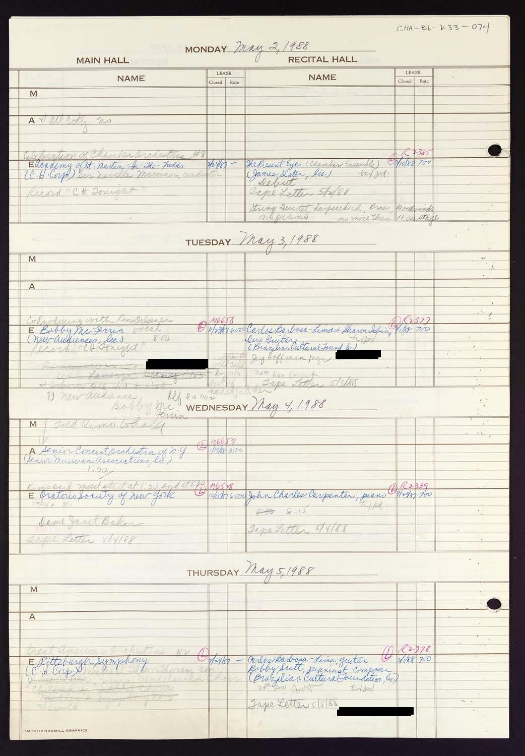 Carnegie Hall Booking Ledger, volume 33, page 74