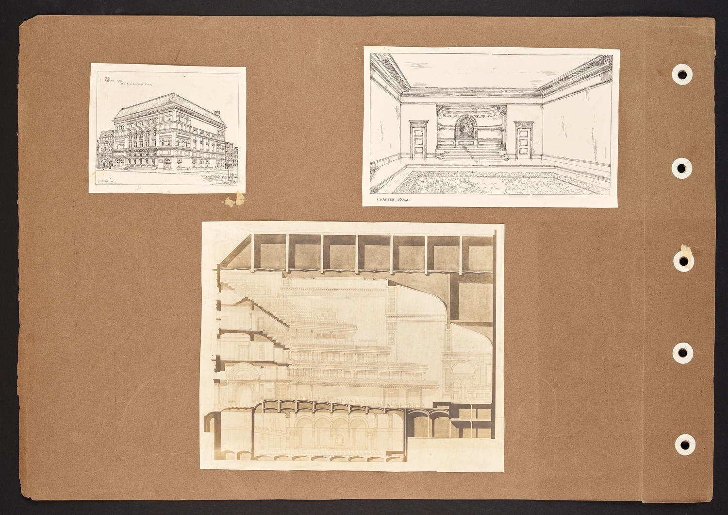 William Burnet Tuthill Scrapbook, page 2: Carnegie Hall exterior, Chapter Room, and vertical section