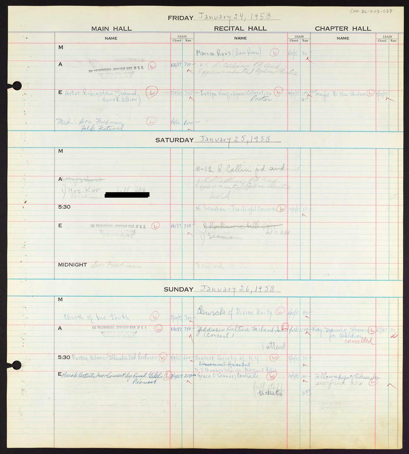 Carnegie Hall Booking Ledger, volume 3, page 37