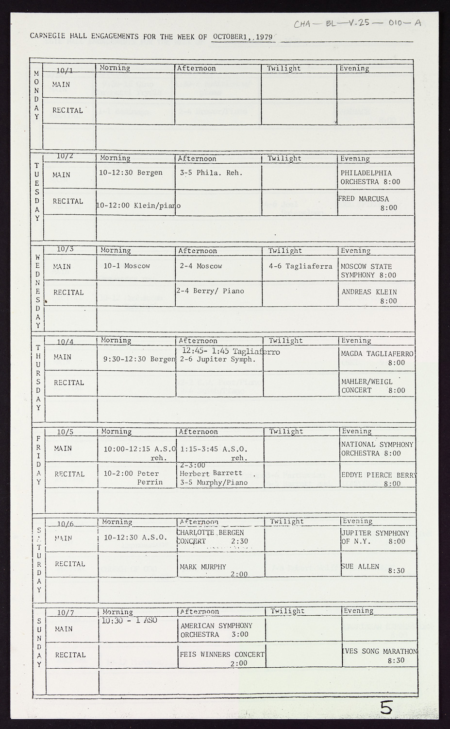 Carnegie Hall Booking Ledger, volume 25, page 10a