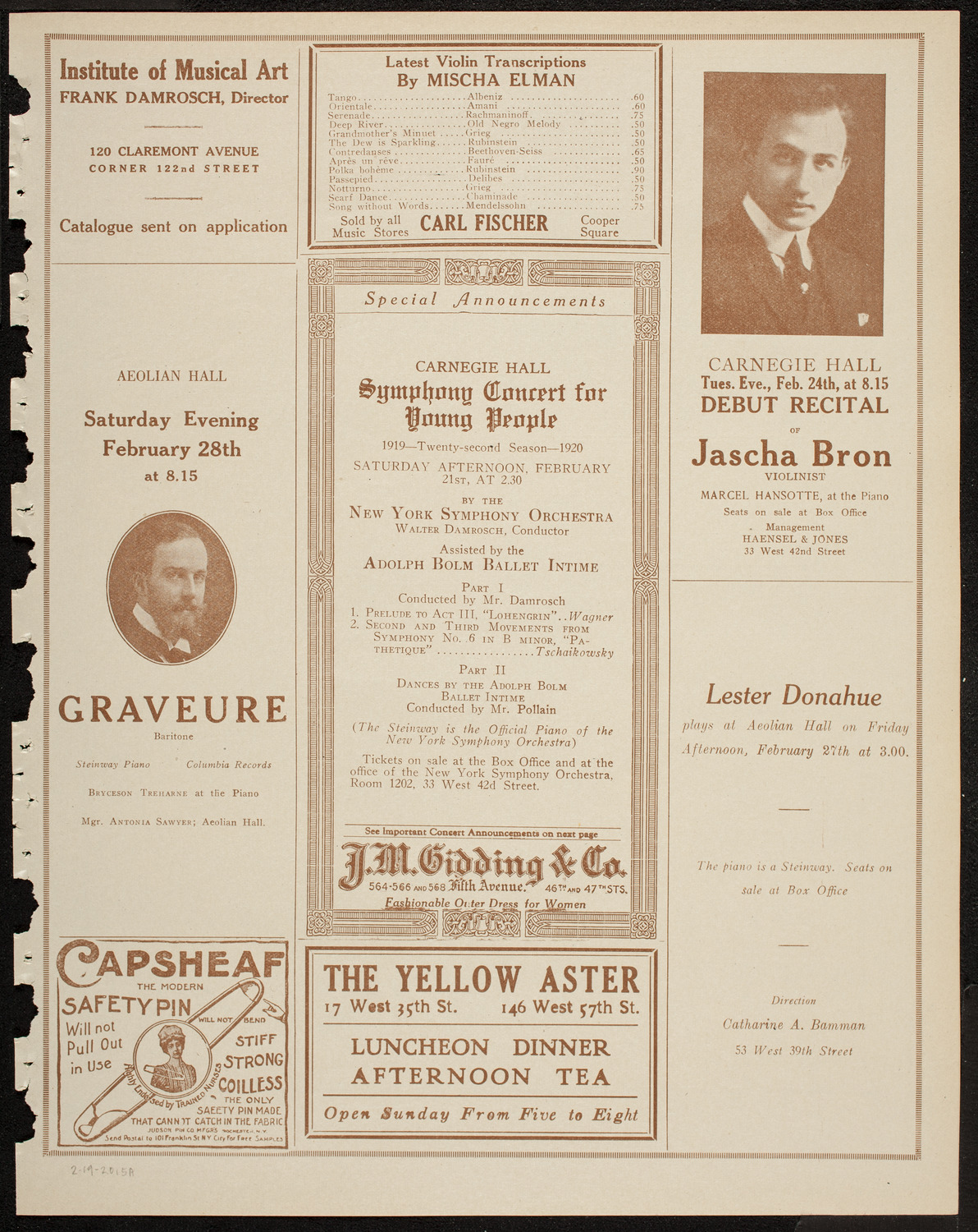 Alfred Cortot, Piano, with the New York Symphony Orchestra, February 19, 1920, program page 9