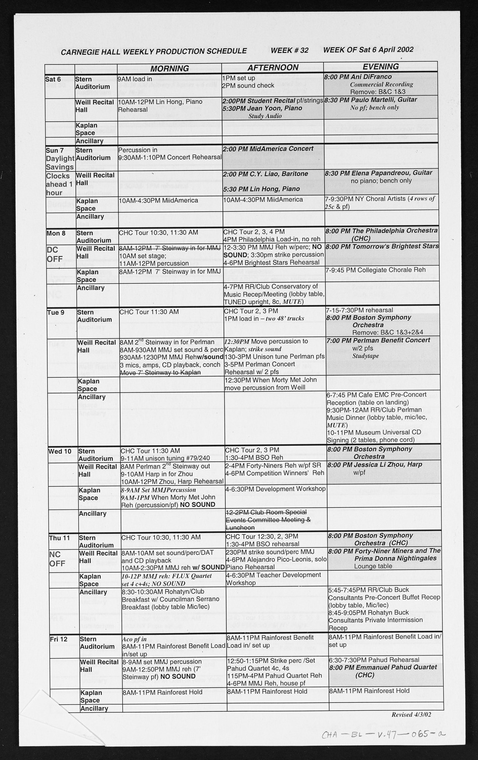 Carnegie Hall Booking Ledger, volume 47, page 65a