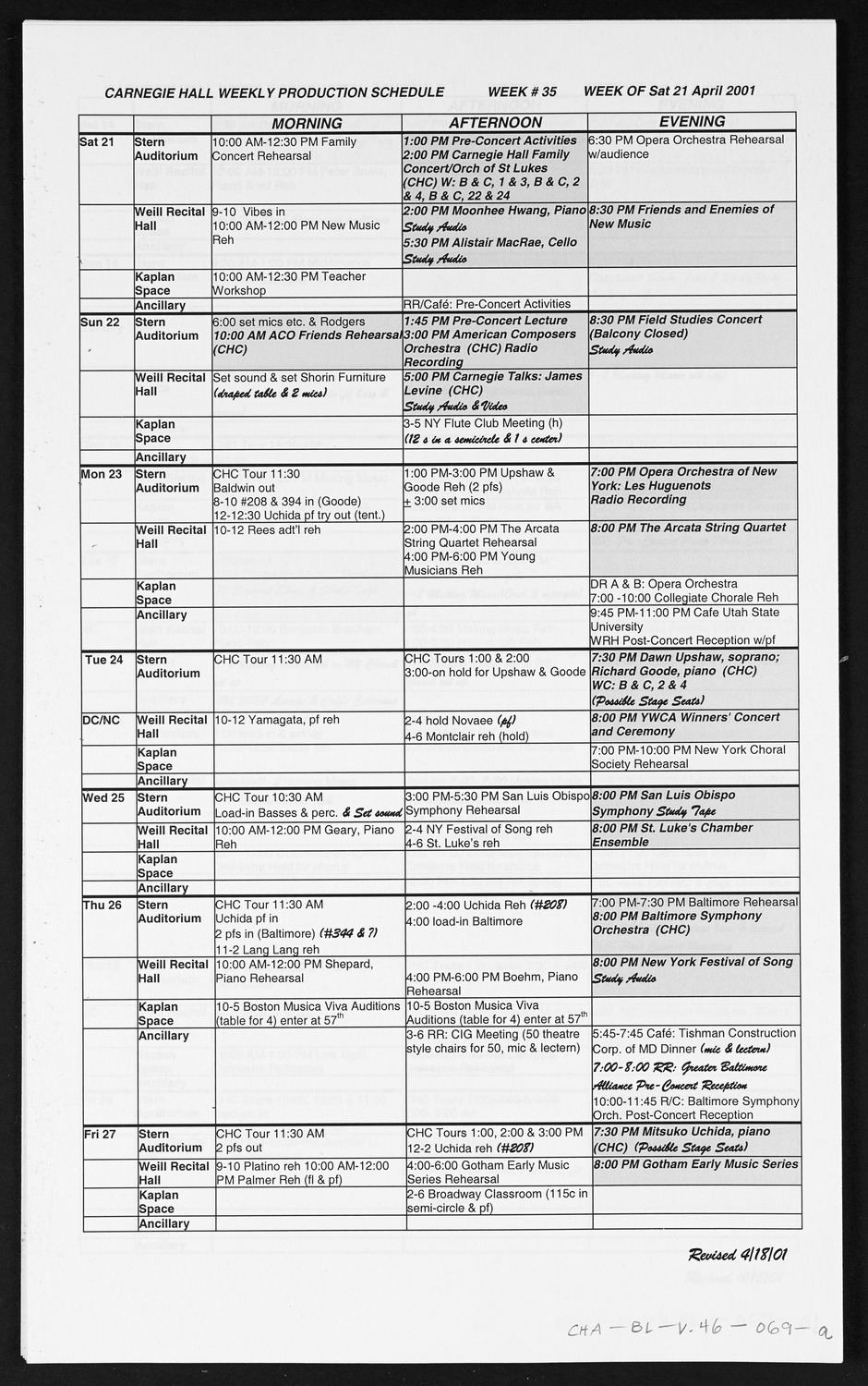 Carnegie Hall Booking Ledger, volume 46, page 69a