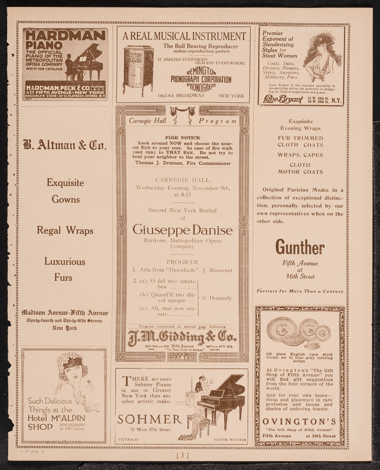 Giuseppe Danise, Baritone, November 9, 1921, program page 5