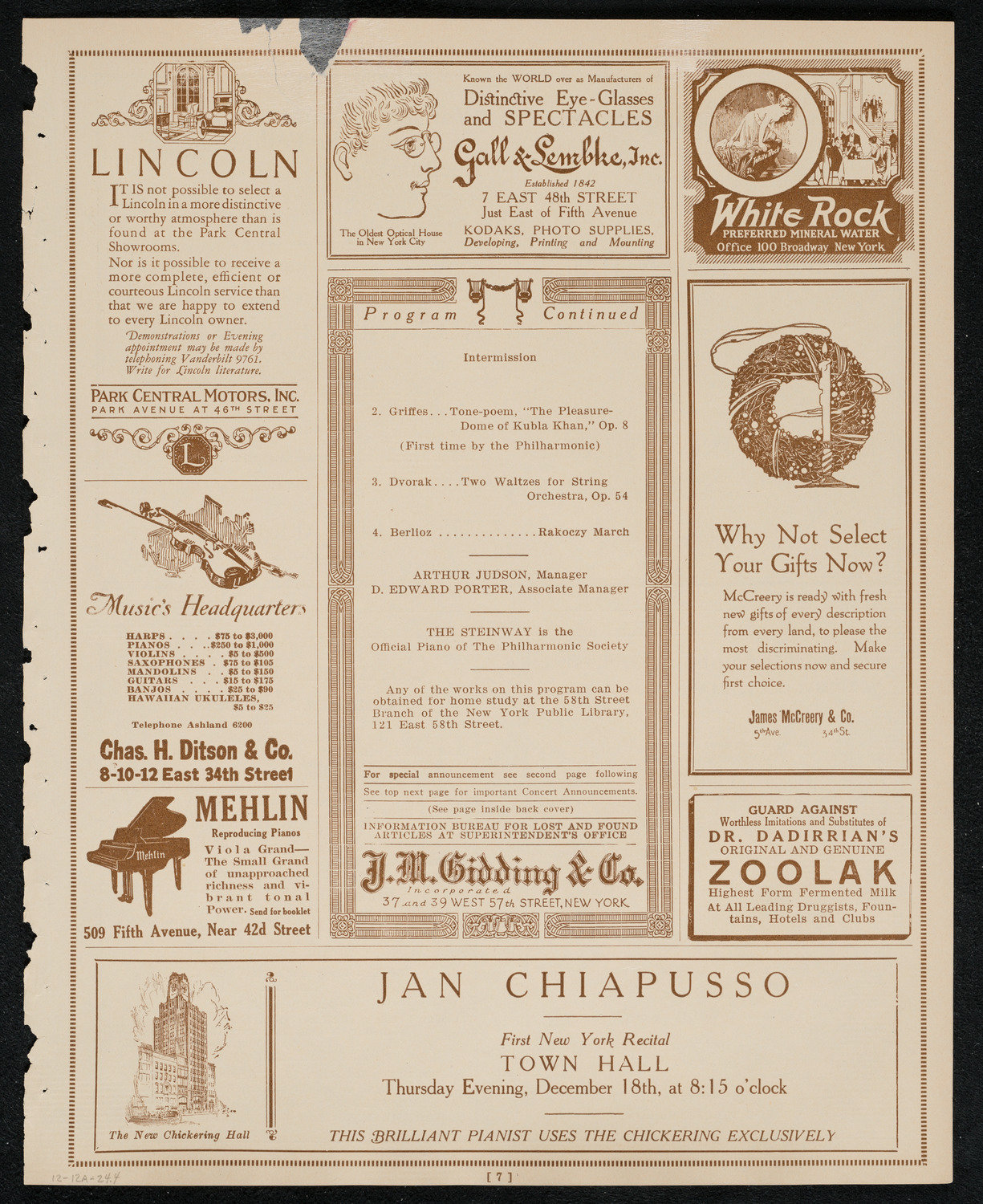 New York Philharmonic, December 12, 1924, program page 7