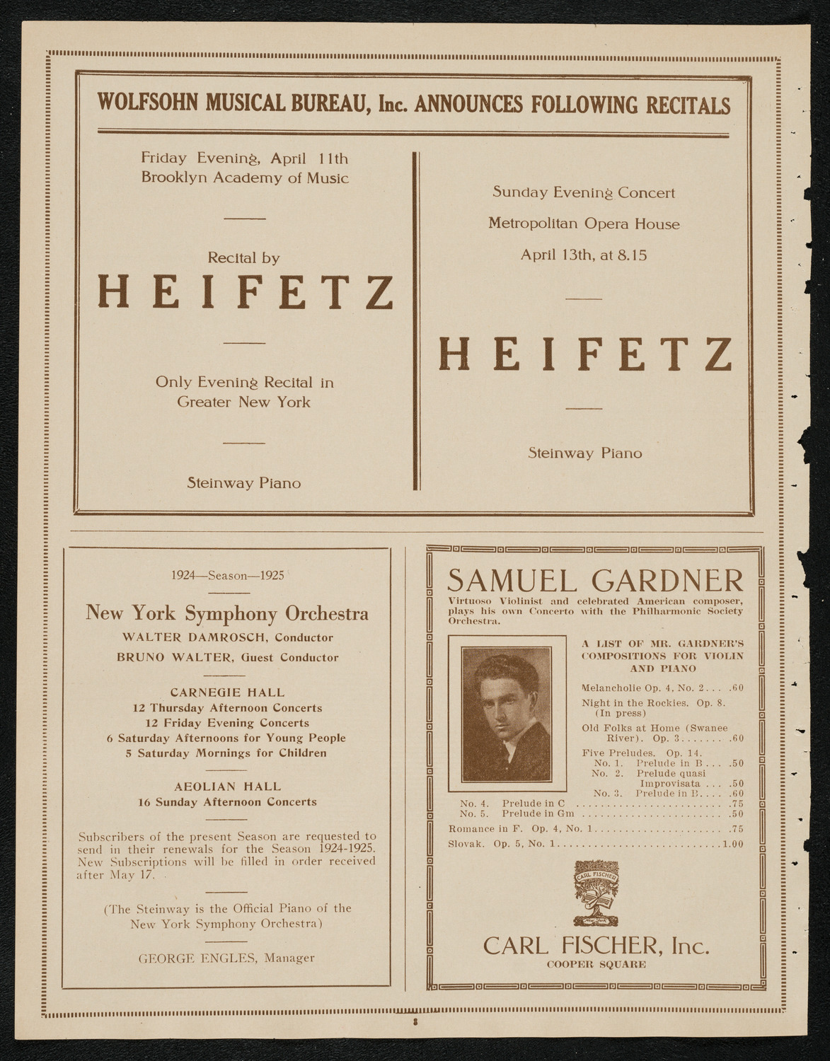Jascha Heifetz, Violin, April 6, 1924, program page 8