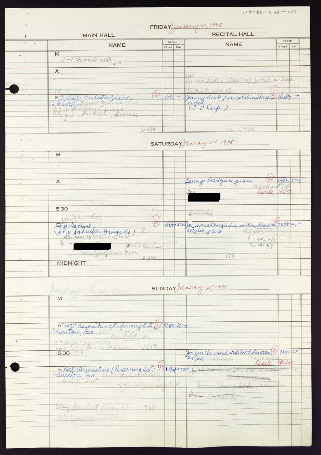 Carnegie Hall Booking Ledger, volume 43, page 45